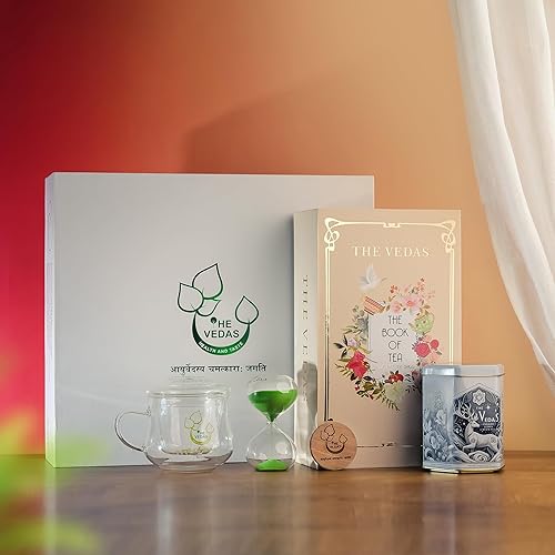 The Vedas Tea Chest| Tea Gift Set | Premium Gift Set containing Glassmug with Infuser and Lid, Premium Black Tea Tin Caddy, Snadclock Timer, Coaster