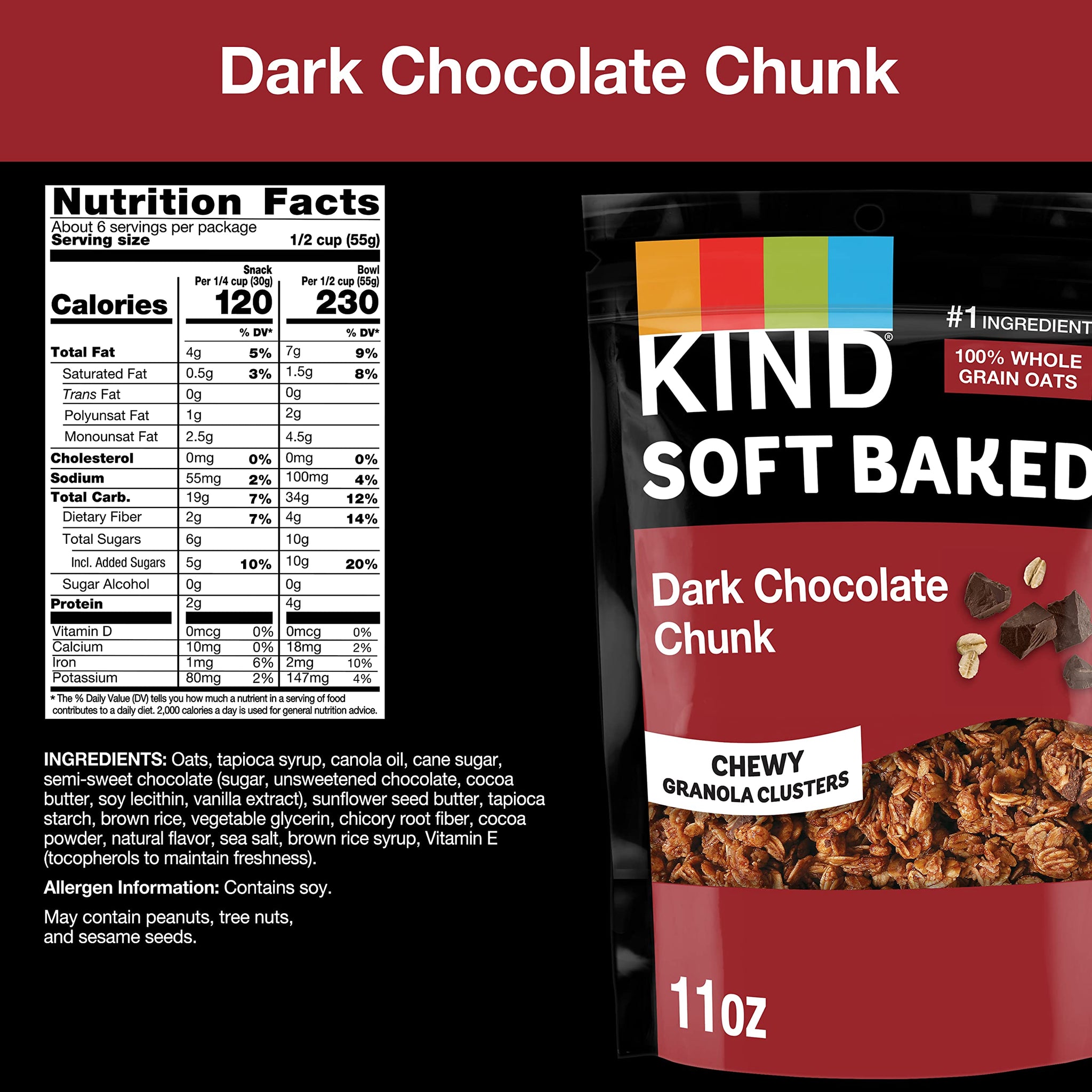Kind Soft Baked Granola, Dark Chocolate Chunk, Gluten Free, Healthy Snack Mix, 4g Protein, 11oz, 5 Count