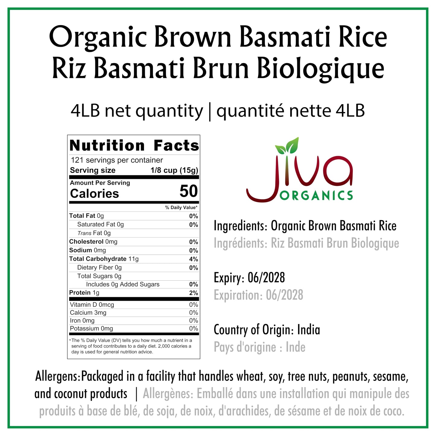 Jiva Organic Brown Basmati Rice 4 LB Bag - Premium Quality, Authentic Indian Origin, Whole Grain