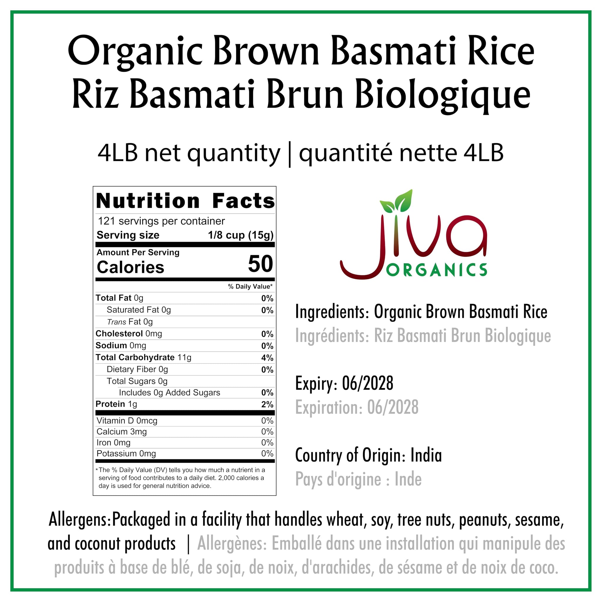 Jiva Organic Brown Basmati Rice 4 LB Bag - Premium Quality, Authentic Indian Origin, Whole Grain