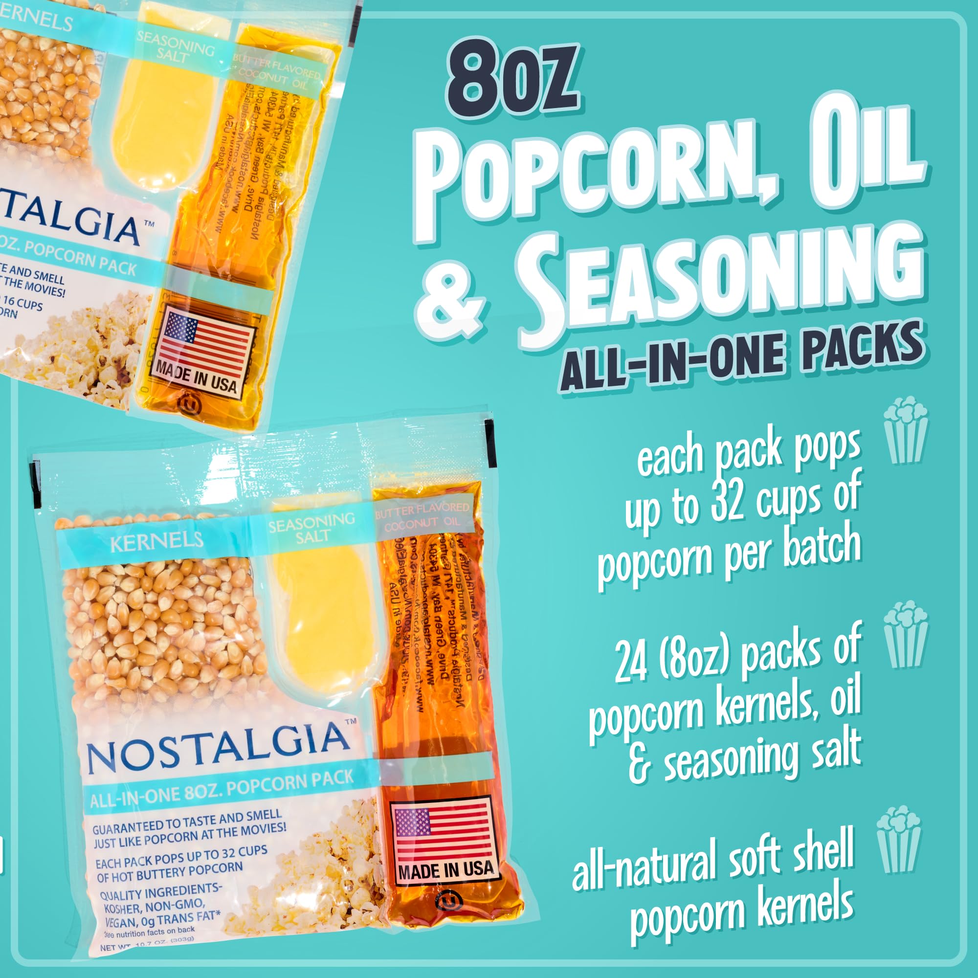 Nostalgia Movie Theater Style Popcorn Packets for Popcorn Machine, All-in-One Popcorn Kernels, Butter Flavored Coconut Oil, Seasoning Salt, 8oz Packs
