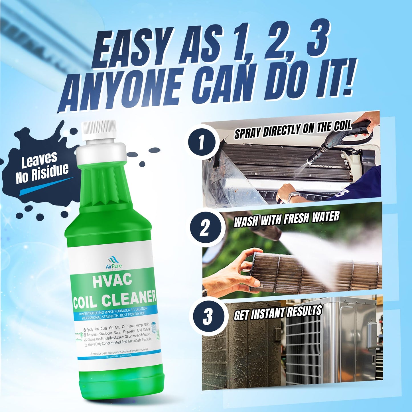 AC Evaporator Coil Cleaner - 1 Quart (946mL), No-Rinse Formula, Metal-Safe Corrosion Inhibitors - Cleans Air Conditioners, Condensers, HVAC, Mini