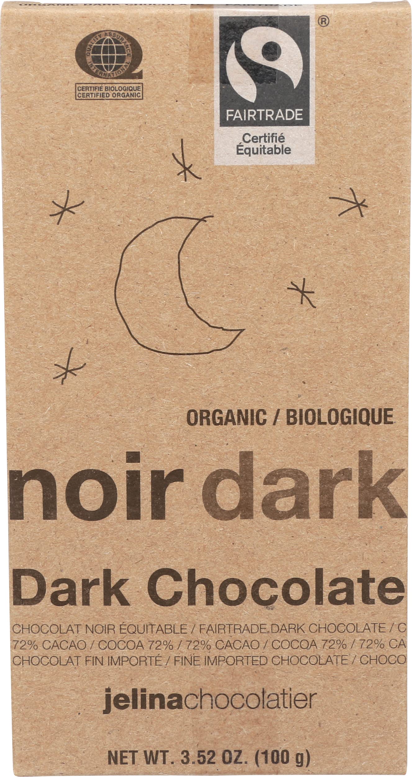Jelina Chocolatier Organic 72% Dark Chocolate Bar, 3.52 OZ
