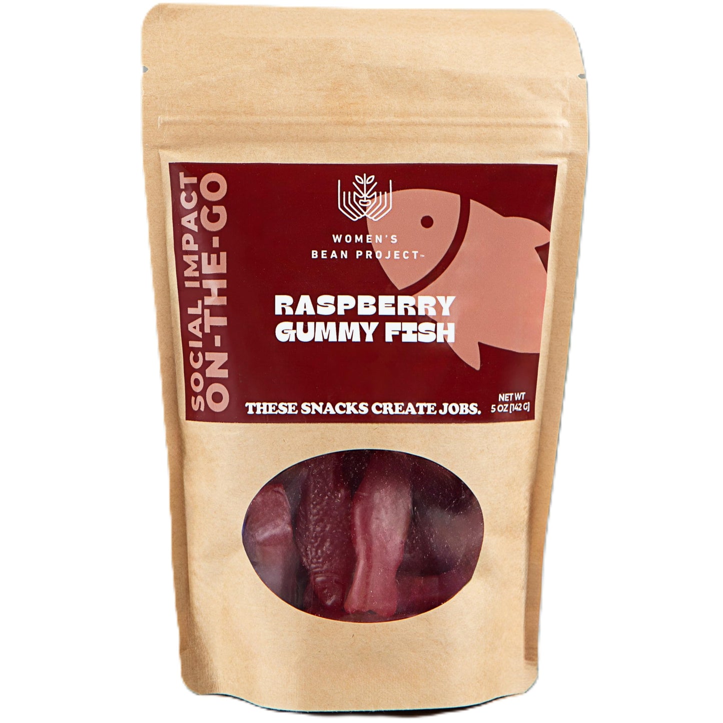 Raspberry Gummy Fish | Women's Bean Project Nonprofit Snacks | Gluten Free, Gelatin Free, Vegan | No Artificial Colors or Flavors | Soft & Chewy | 5