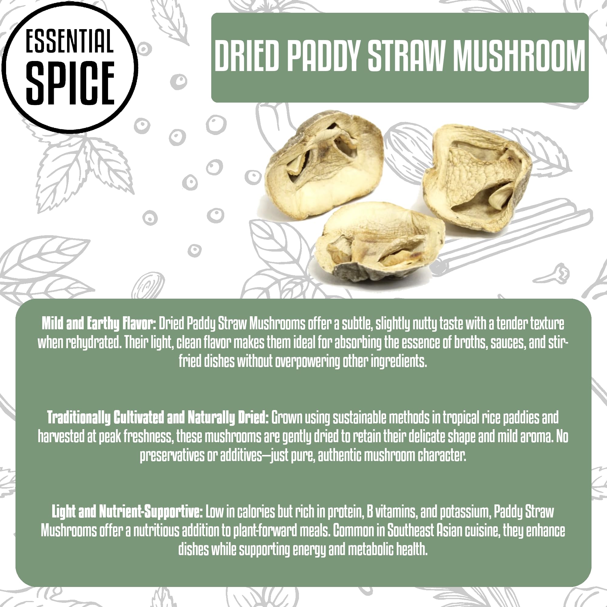Essential Spice Dried Paddy Straw Mushrooms, 1 lb - Whole, Mild Savory Flavor & Tender Texture - Ideal for Asian Stir-Fries, Soups, Curries & Noodle