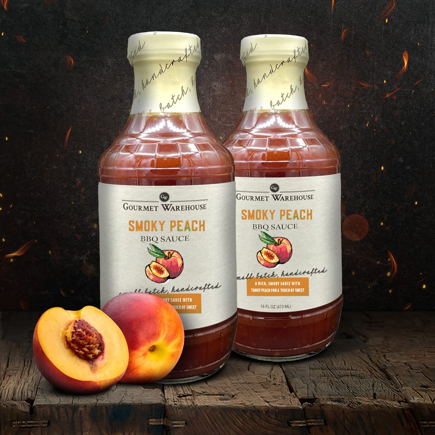 Gourmet Warehouse Smoky Peach BBQ Sauce, Handcrafted In Small Batches Gluten-Free, HFCS-Free, Delicious Sauce 16 Ounces Bottle (Pack of 2)