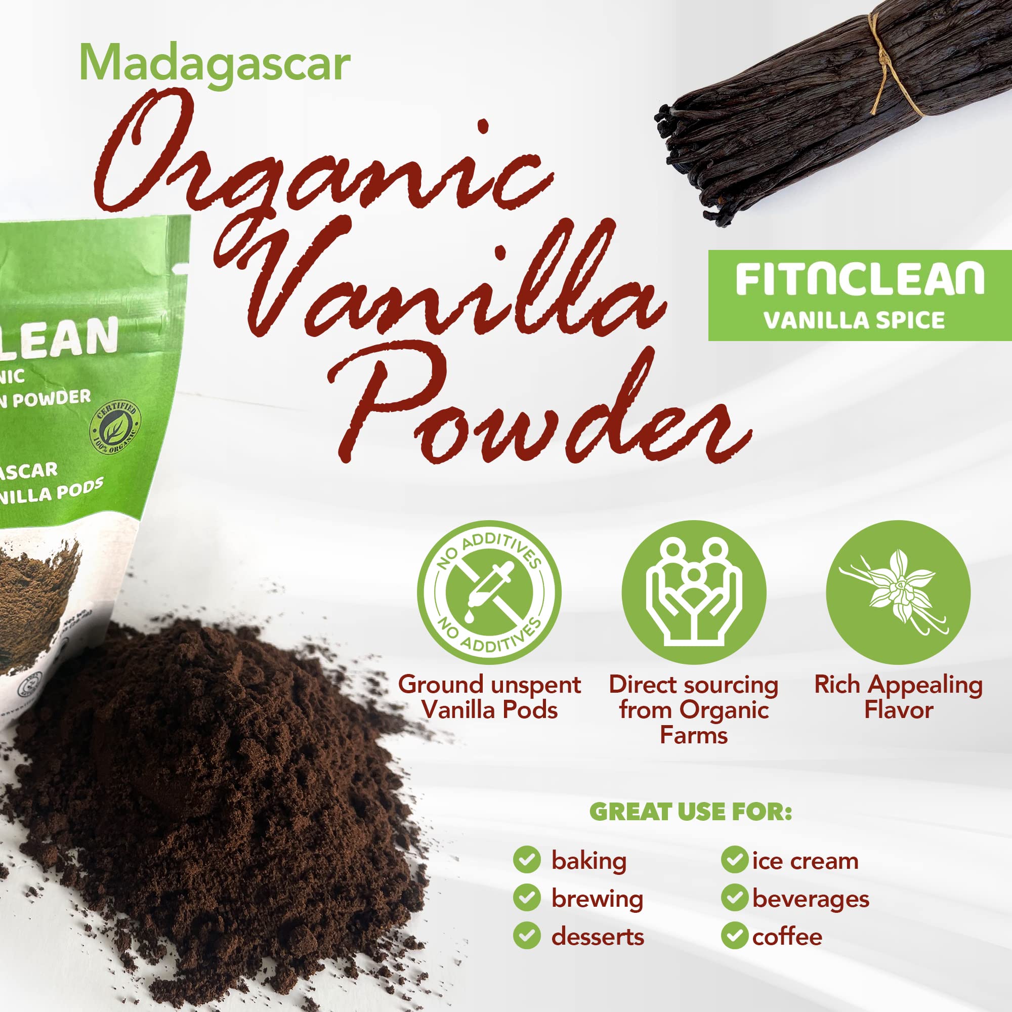 1oz Organic Madagascar Vanilla Bean Powder. Certified USDA Organic. Ground whole Gourmet Pods by FITNCLEAN VANILLA| Raw Natural Unsweetened No