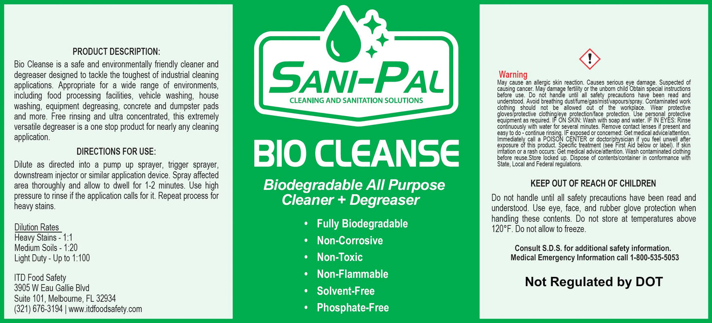Sani-Pal Bio-Cleanse, safe and environmentally friendly cleaner and degreaser designed to tackle the toughest of industrial cleaning applications, 128
