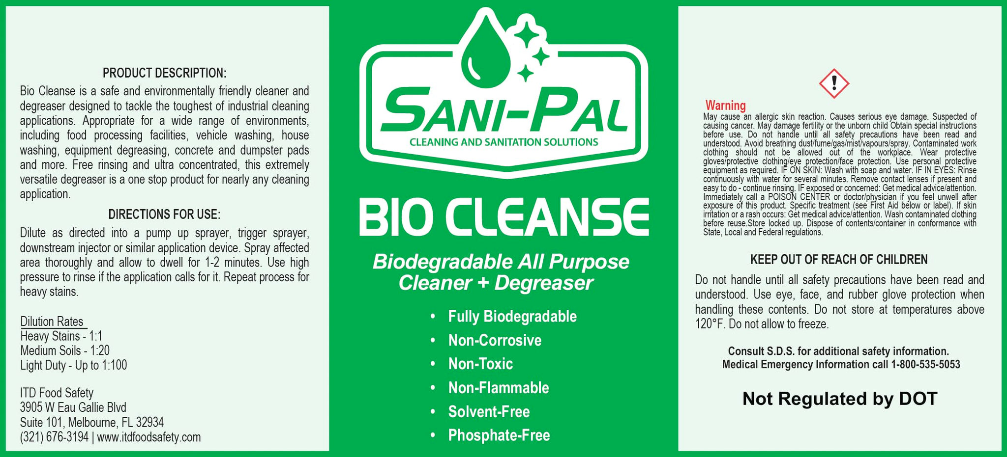 Sani-Pal Bio-Cleanse, safe and environmentally friendly cleaner and degreaser designed to tackle the toughest of industrial cleaning applications, 128