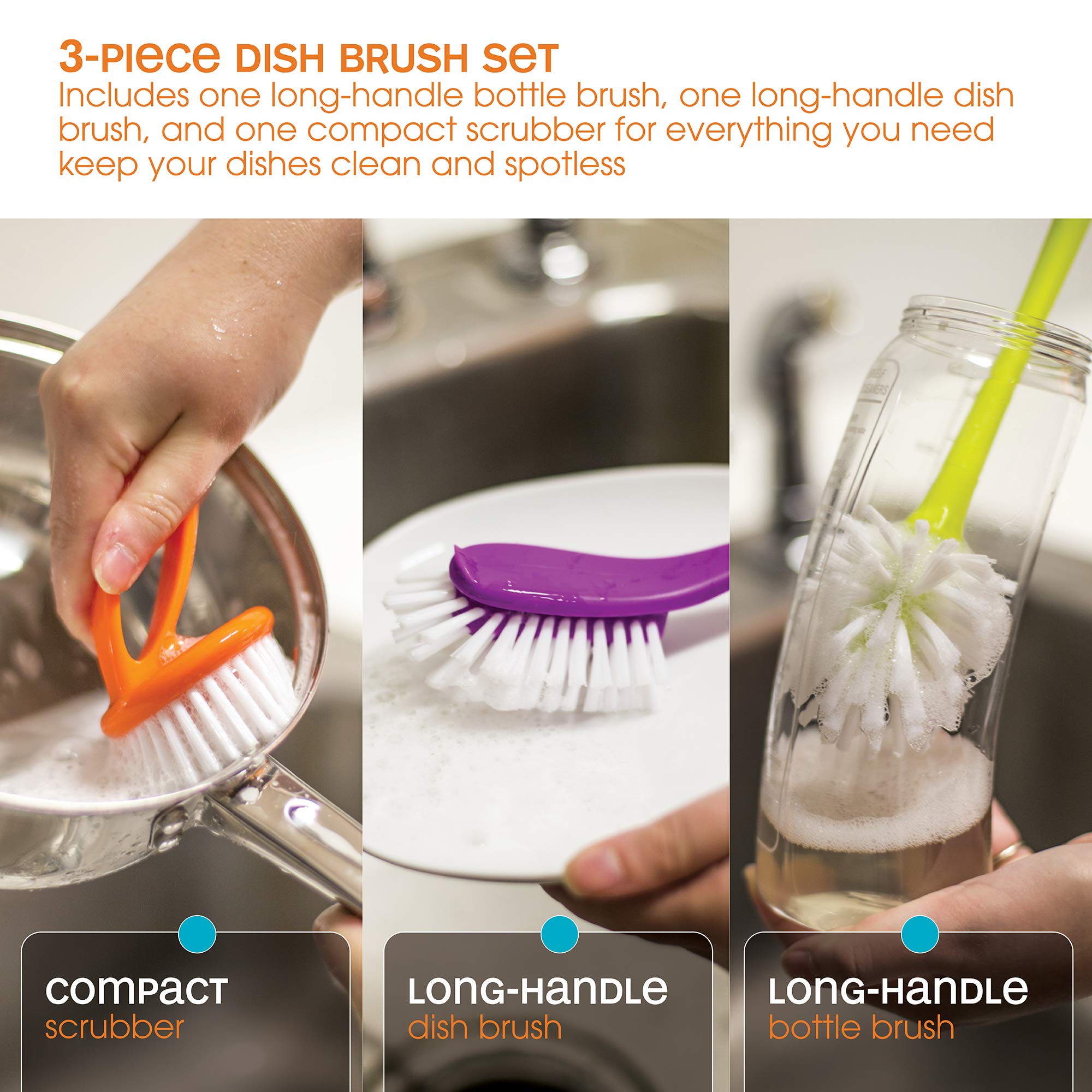 Casabella Loop 3-Piece Dish Brush Set - 15519AZ(Colors May Vary), Red Yellow Purple
