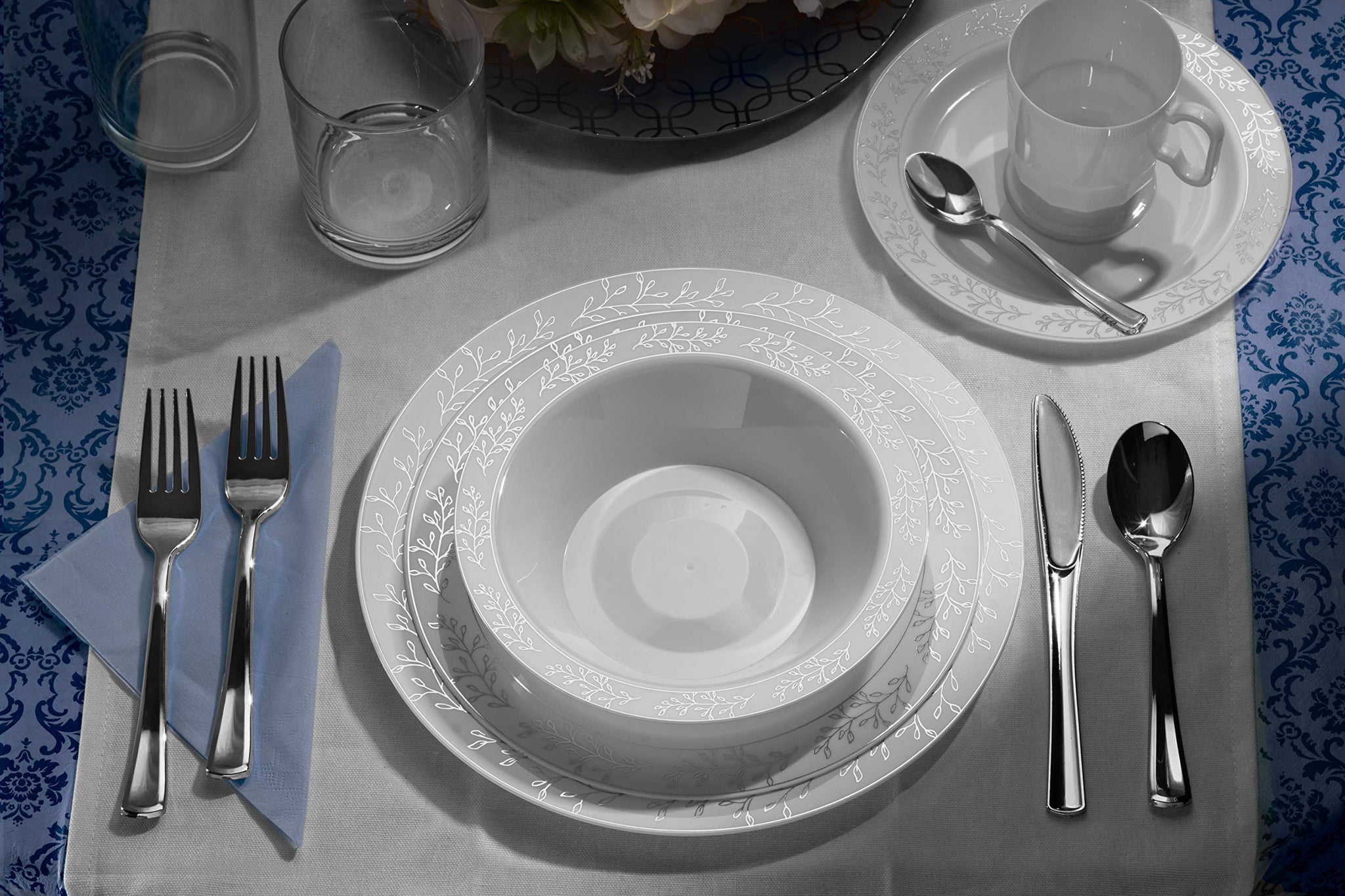 Exquisite 200 Pcs Heavyweight Disposable Plastic Plates and Cutlery Set Includes 40 Silver Leaf Trim Dinner Plates 40 Silver Dessert Plates and 40 Pcs