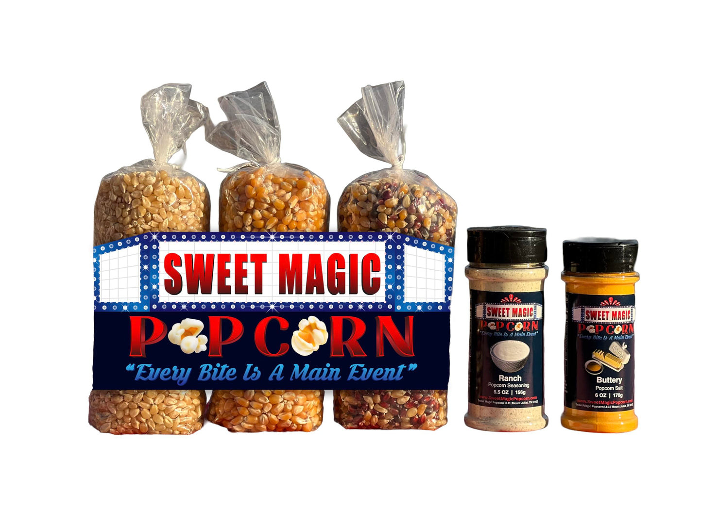 Sweet Magic Popcorn "The Western Package" - Kernels and Seasonings Variety Pack (set of 5) - 3 Non-GMO 16oz Popcorn Kernel Bags (White