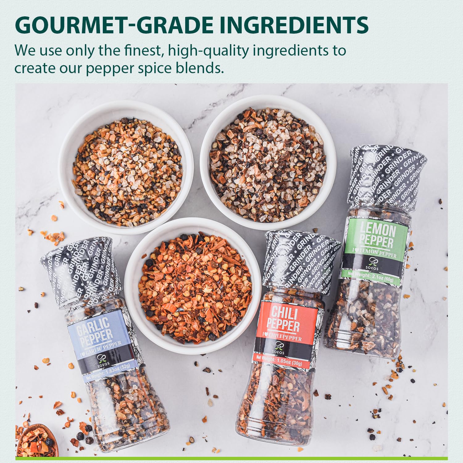 Soeos Spice Seasoning Set of 3, 4.98 oz(142 g), with Integrated Grinders, Salt and Pepper Grinder Set, Spicy Garlic, Garlic & Herbs, BBQ Seasoning
