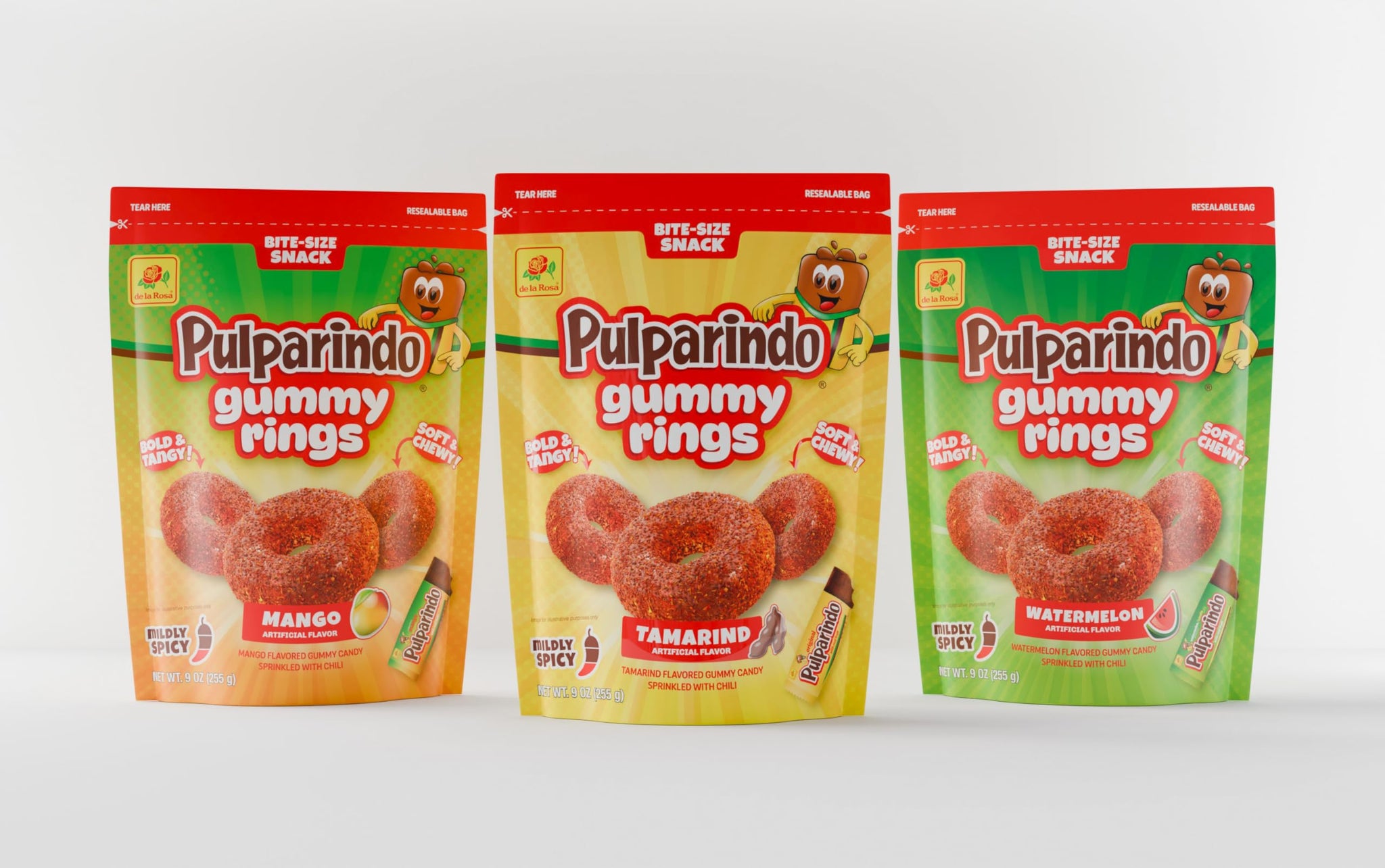 De la Rosa Pulparindo Gummies Rings,Mildly Spicy Soft Chewy Candy, Bite-Size Snack (9 Oz, Mango)