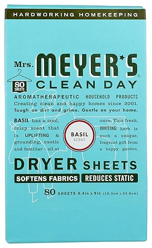 MRS. MEYER'S CLEAN DAY Dryer Sheets, Fabric Softener, Reduces Static, Infused with Essential Oils, Basil, 80 Count