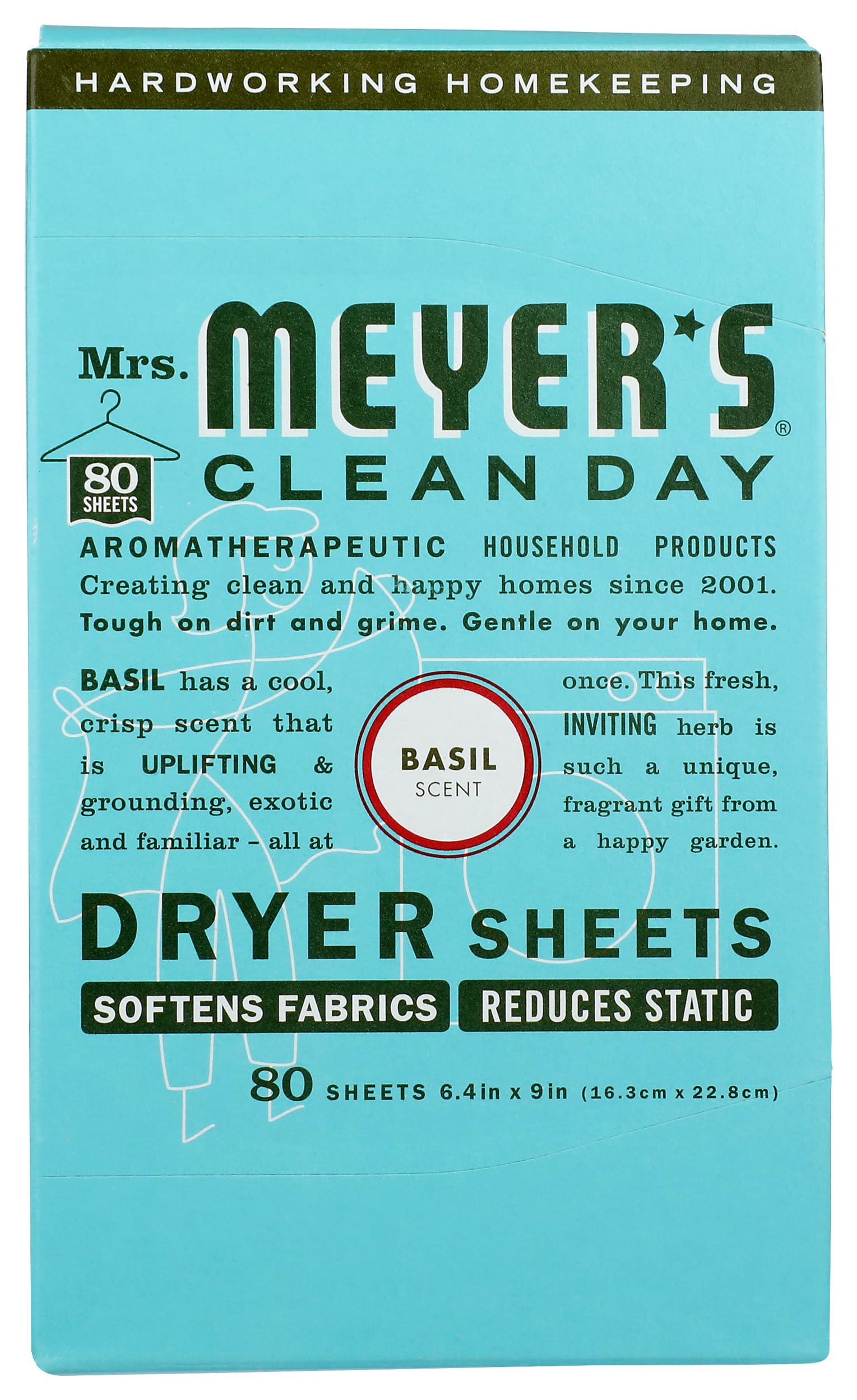 MRS. MEYER'S CLEAN DAY Dryer Sheets, Fabric Softener, Reduces Static, Infused with Essential Oils, Basil, 80 Count