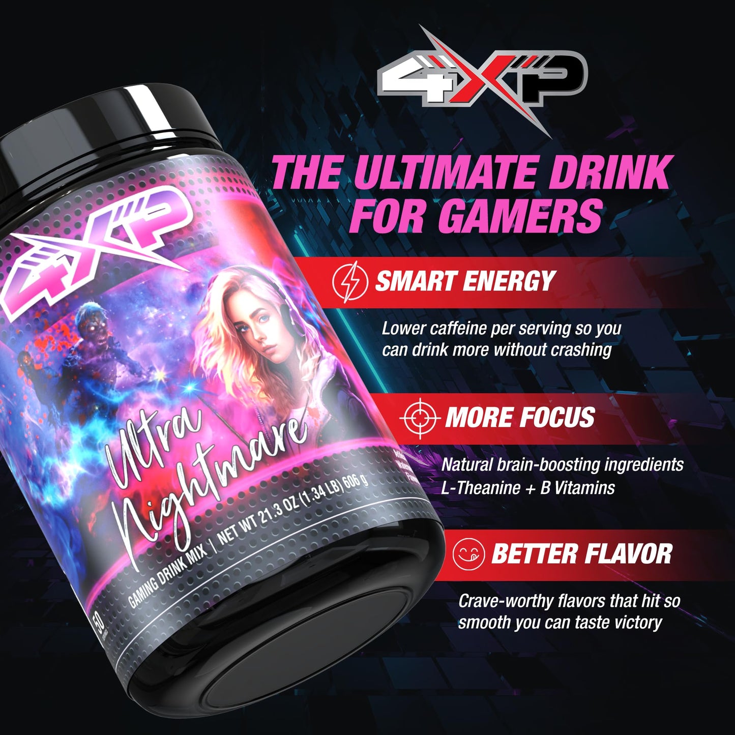 4XP Ultra Nightmare Watermelon Gaming Energy Drink Mix| Low-Caffeine Nootropic Powder with B Vitamins & Watermelon Flavor for Gamers | 50-Serving