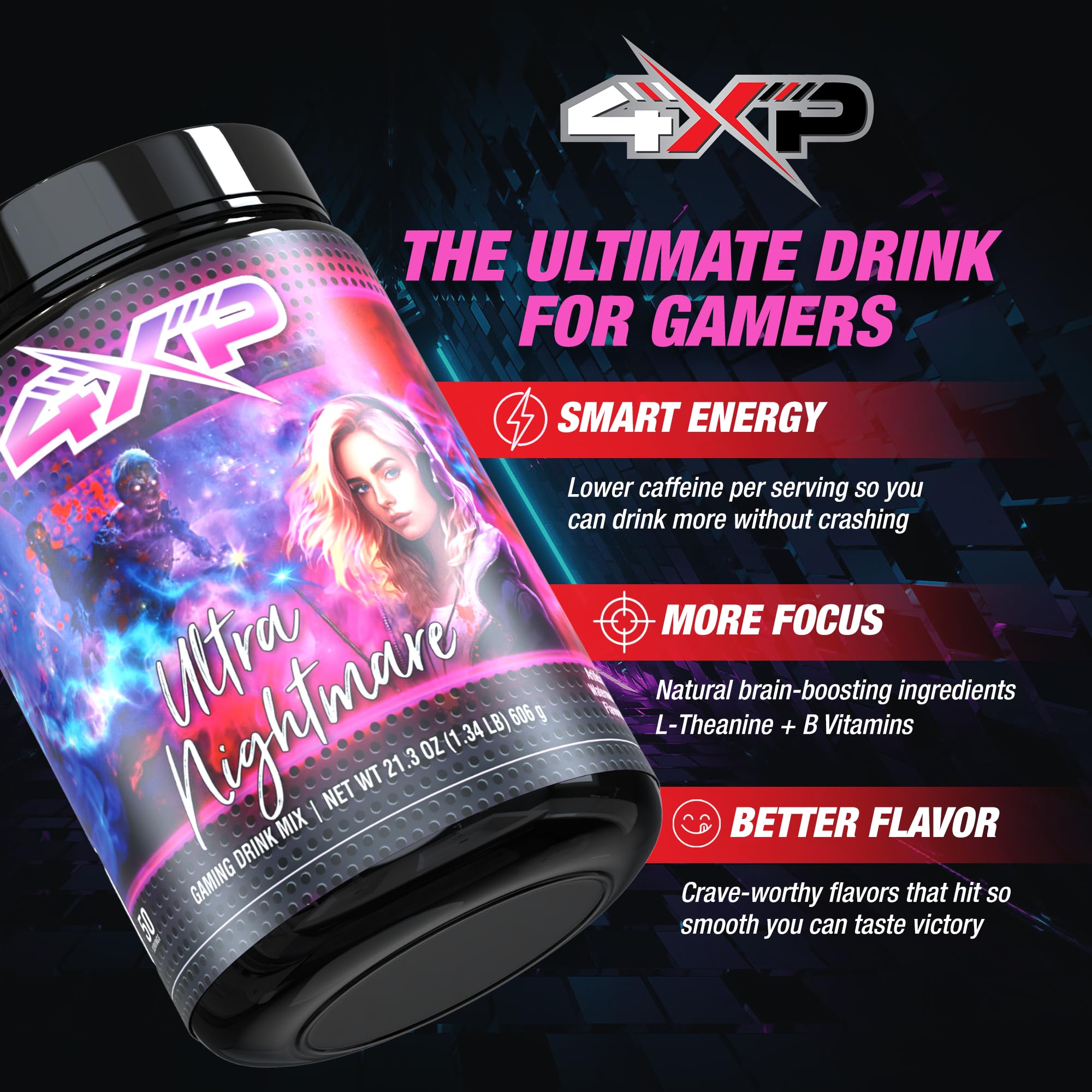 4XP Ultra Nightmare Watermelon Gaming Energy Drink Mix| Low-Caffeine Nootropic Powder with B Vitamins & Watermelon Flavor for Gamers | 50-Serving