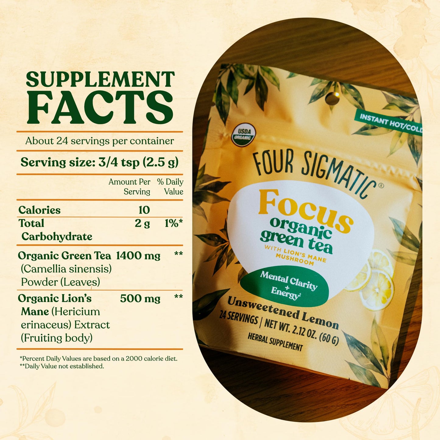 Four Sigmatic Focus Organic Green Tea | Focus Enhancing Tea with Lion's Mane Mushroom Extract | Organic Green Tea, Mint, and Rose Hips | Vegan