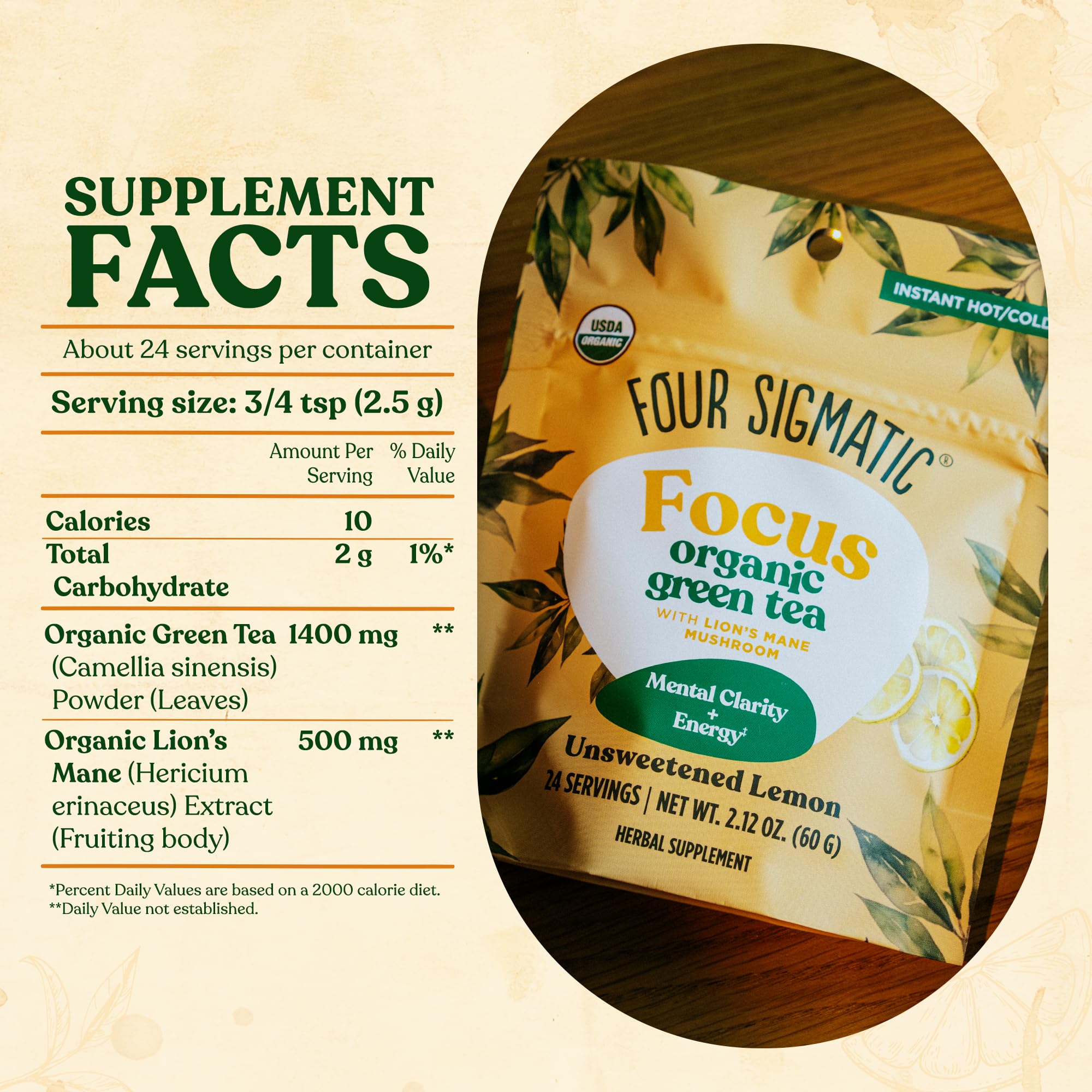 Four Sigmatic Focus Organic Green Tea | Focus Enhancing Tea with Lion's Mane Mushroom Extract | Organic Green Tea, Mint, and Rose Hips | Vegan