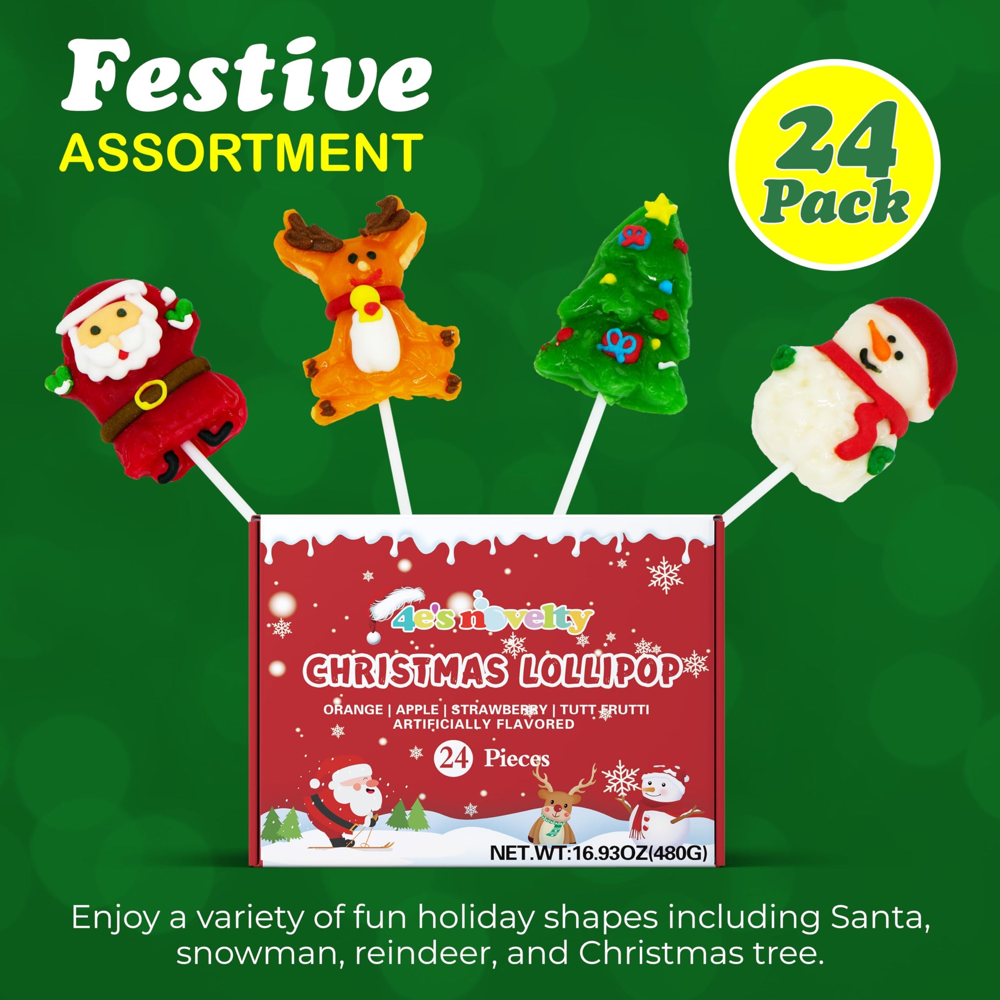 4E's Novelty 24 Pack Christmas Lollipops Santa, Snowman, Reindeer, Tree, Christmas Lollipops Individually Wrapped Bulk, Candy Suckers, Stocking