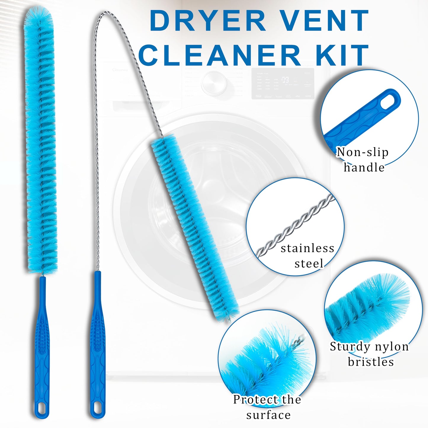 Dryer Vent Cleaner Kit,5 Piece Universal Vent Cleaner with Vacuum Attachment,Dryer Lint Brush, and Hose for Clothes Dryer-Lint Trap Cleaning Tool
