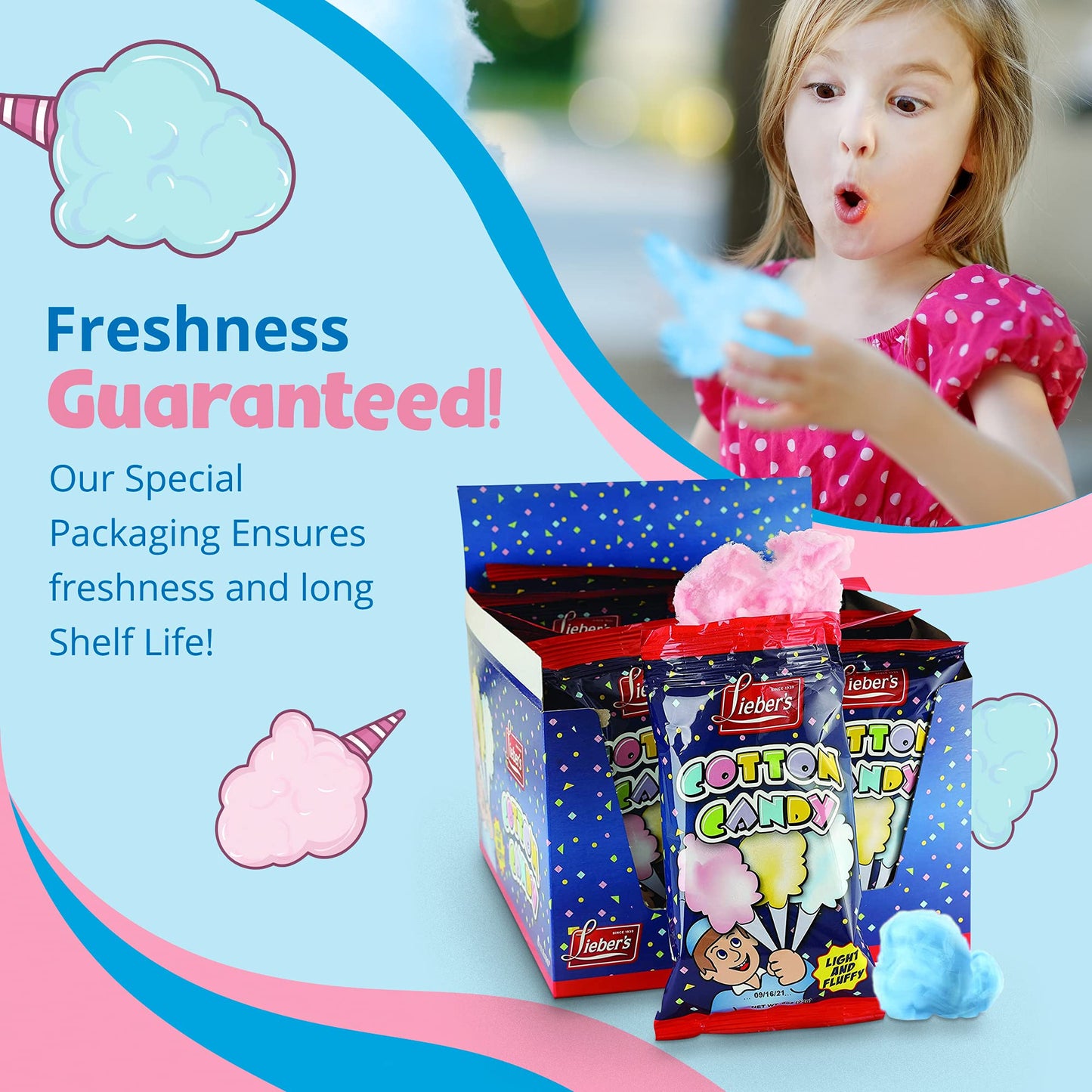 Lieber's Cotton Candy | 48 Pack of Light & Fluffy Vintage Candy | Blue & Red Carnival Birthday Party Favors Treats Supplies for Kids, Kosher | 0.8