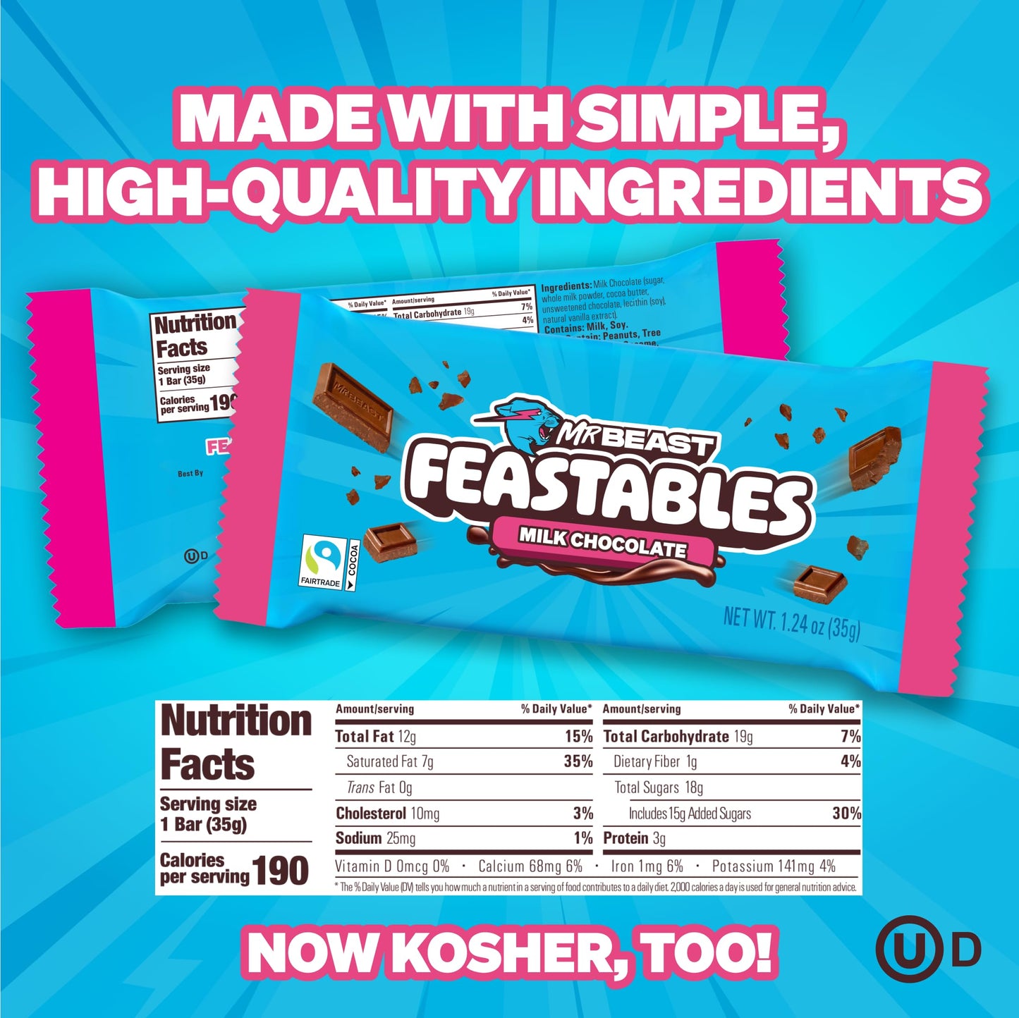 MrBeast Feastables Milk Chocolate Bar, Full Size, 24 Count, Smooth & Creamy Milk Chocolate Candy, Fairtrade Cocoa, 1.24oz Each