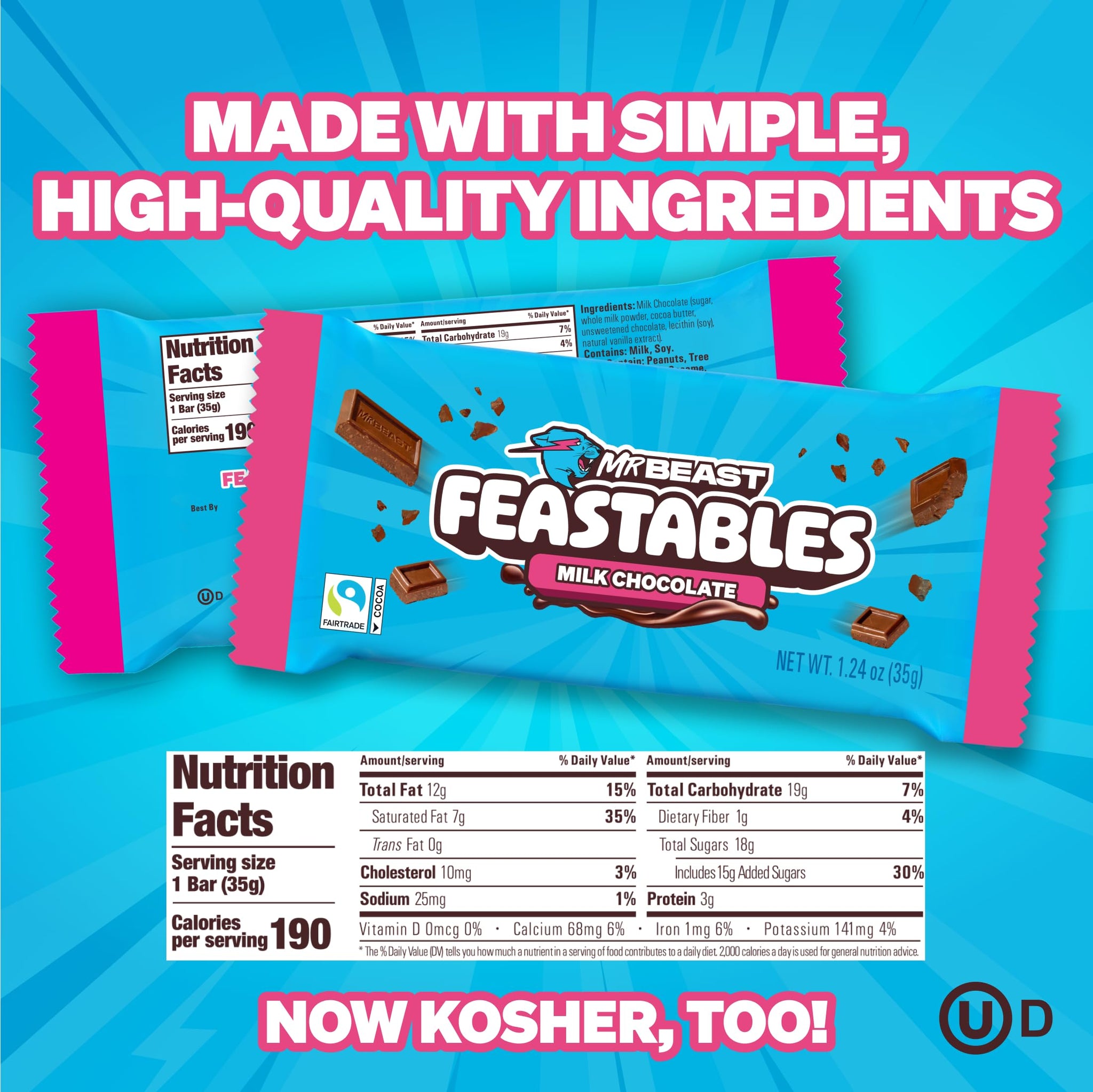 MrBeast Feastables Milk Chocolate Bar, Full Size, 24 Count, Smooth & Creamy Milk Chocolate Candy, Fairtrade Cocoa, 1.24oz Each