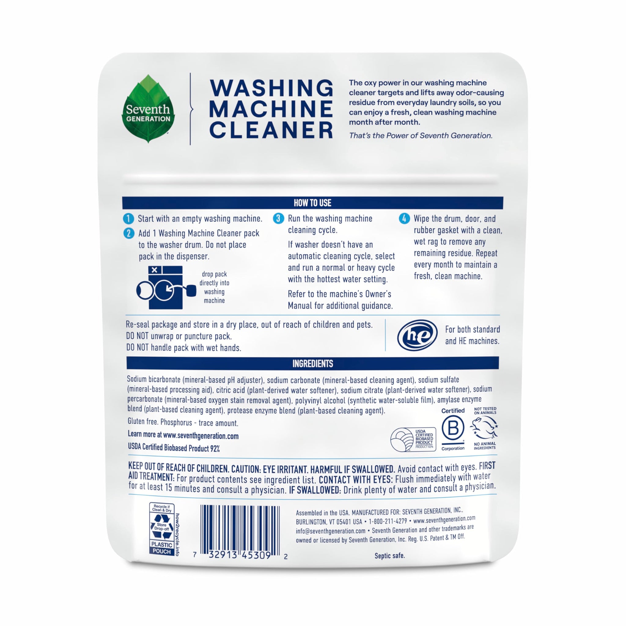 Seventh Generation Washing Machine Cleaner 6 Count Free & Clear Targets Odor-Causing Residue Powered by Oxy Power 4.2 oz