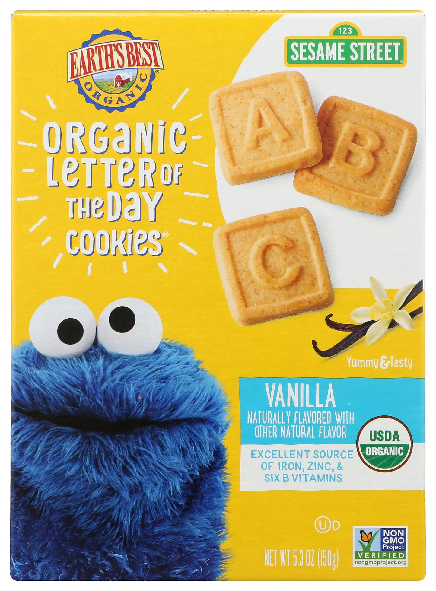 Earth's Best Organic Letter of the Day Cookies for Toddlers 2 Years Old and Up, Vanilla Flavor, 5.3 Ounce Box