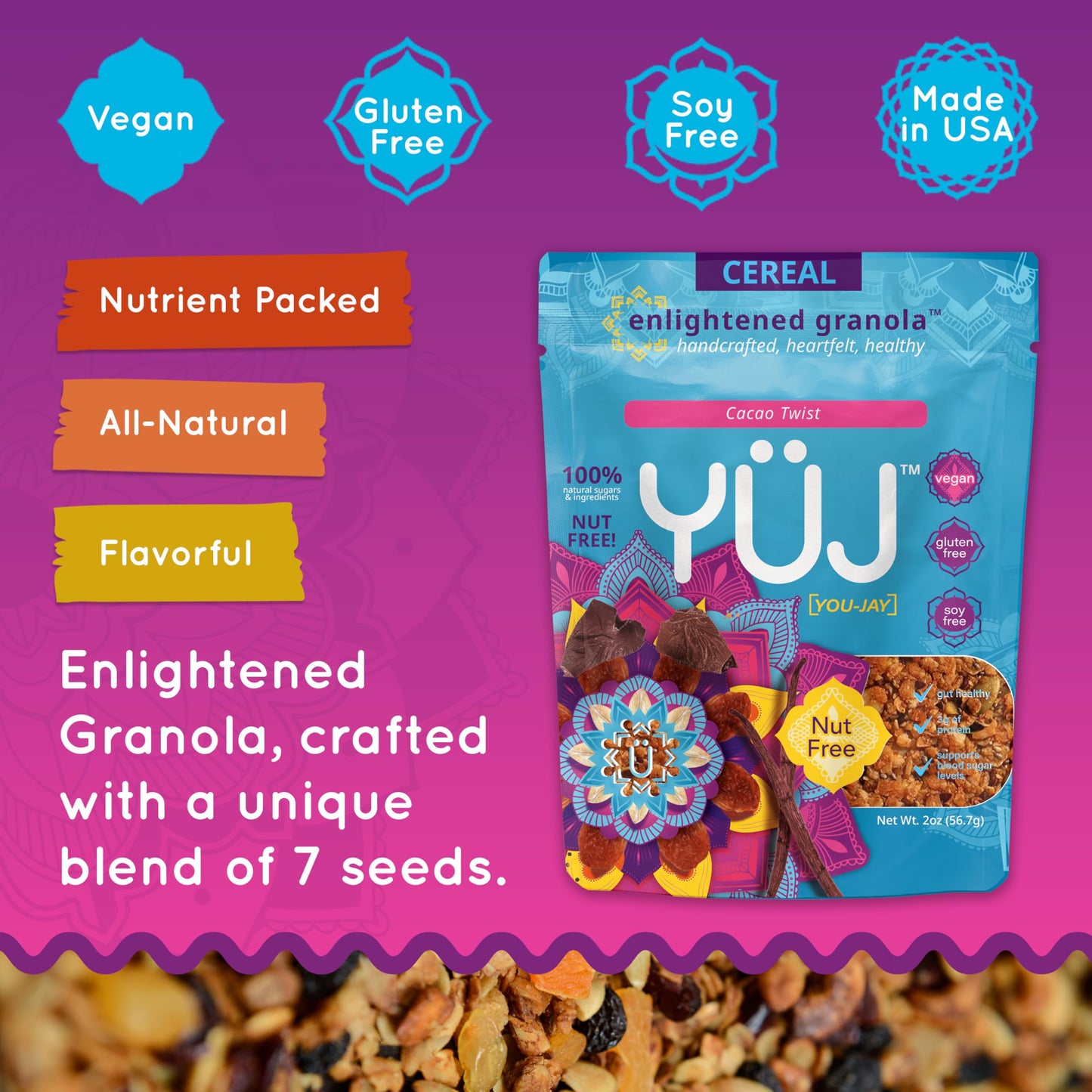 YÜJ Organic Vegan Granola | Allergen-Free Snack Packs | 2oz, Pack of 6