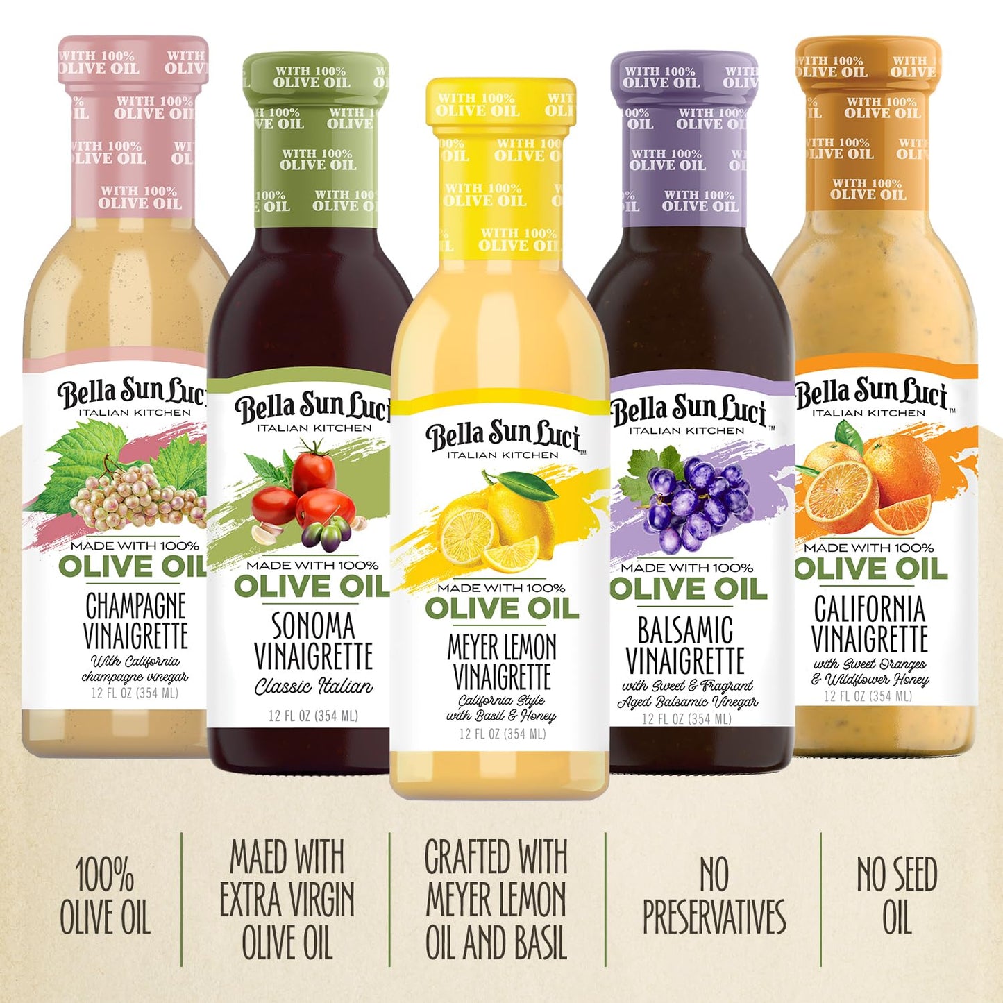 Bella Sun Luci Italian Kitchen California Vinaigrette Salad Dressing, 100% Extra Virgin Olive Oil, No Seed Oils, Gluten-Free, California Made