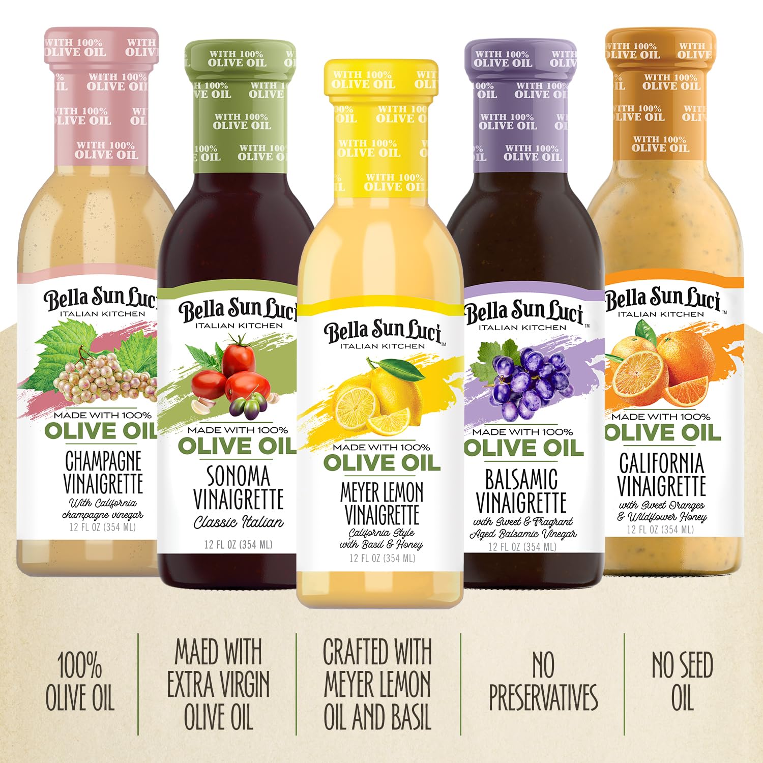 Bella Sun Luci Italian Kitchen California Vinaigrette Salad Dressing, 100% Extra Virgin Olive Oil, No Seed Oils, Gluten-Free, California Made