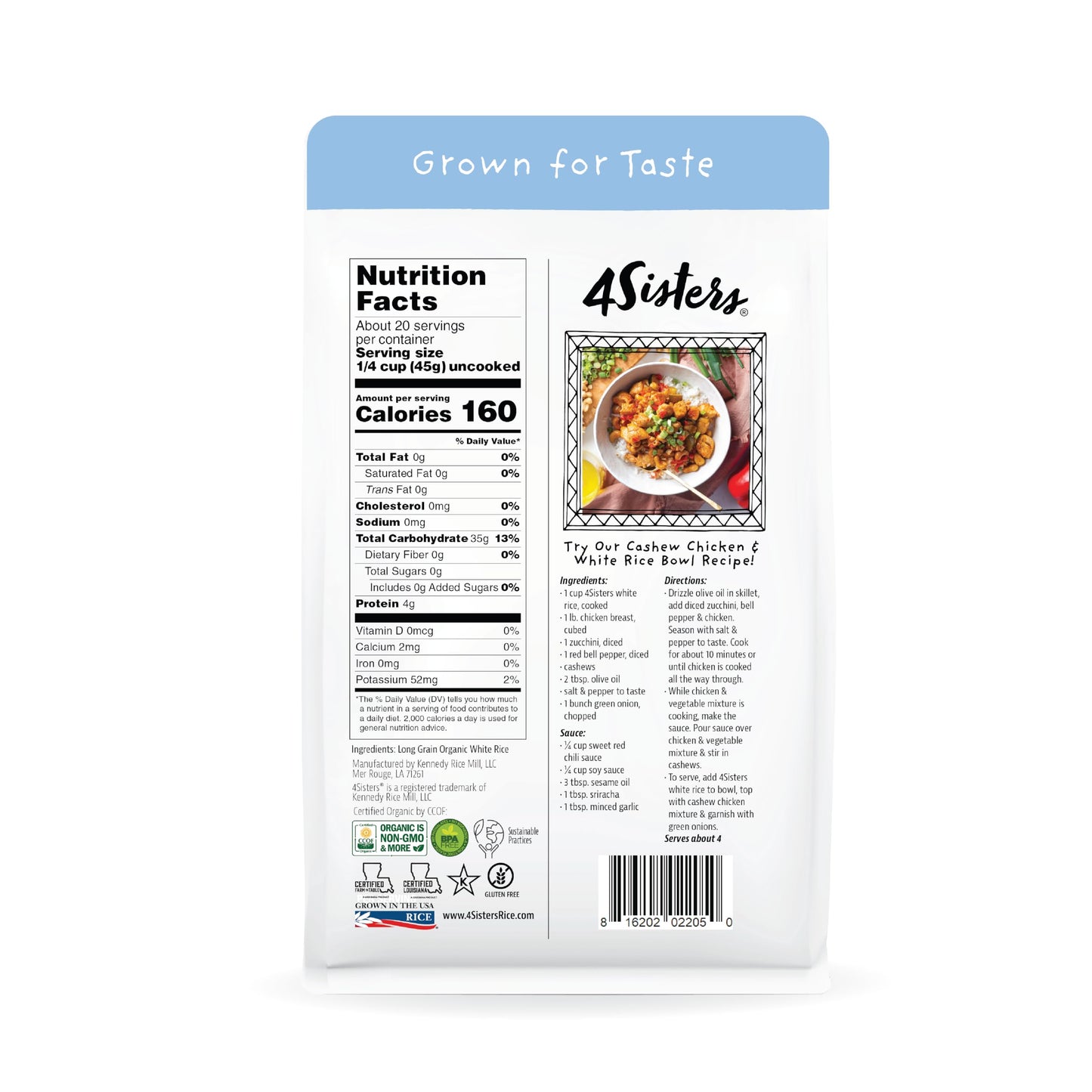 4Sisters - Organic Long Grain White Rice - Grown in USA - Sustainably Grown - Women Owned - Farm to Table (2 lb)