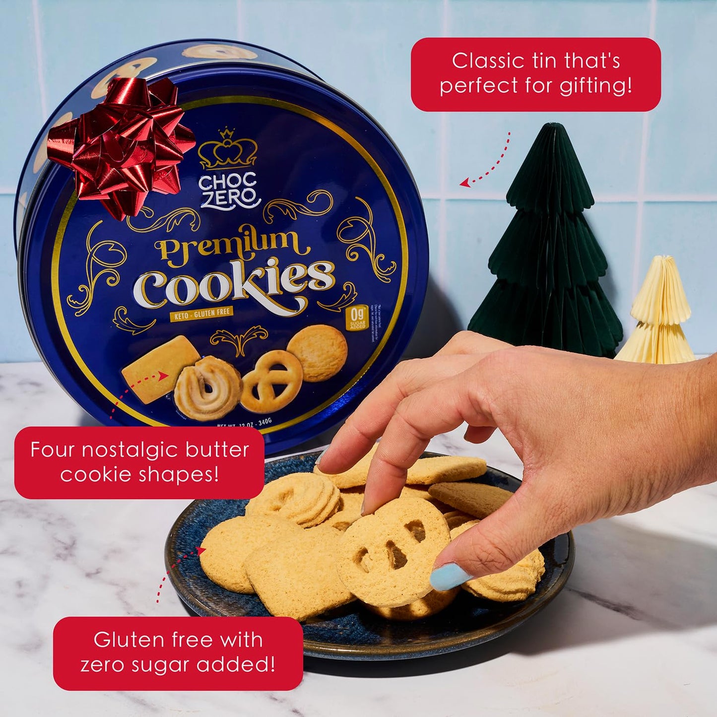 ChocZero Keto Butter Cookies - Sugar Free Danish Shortbread Gift - Gluten Free, Low Carb (1 tin, 12 oz)