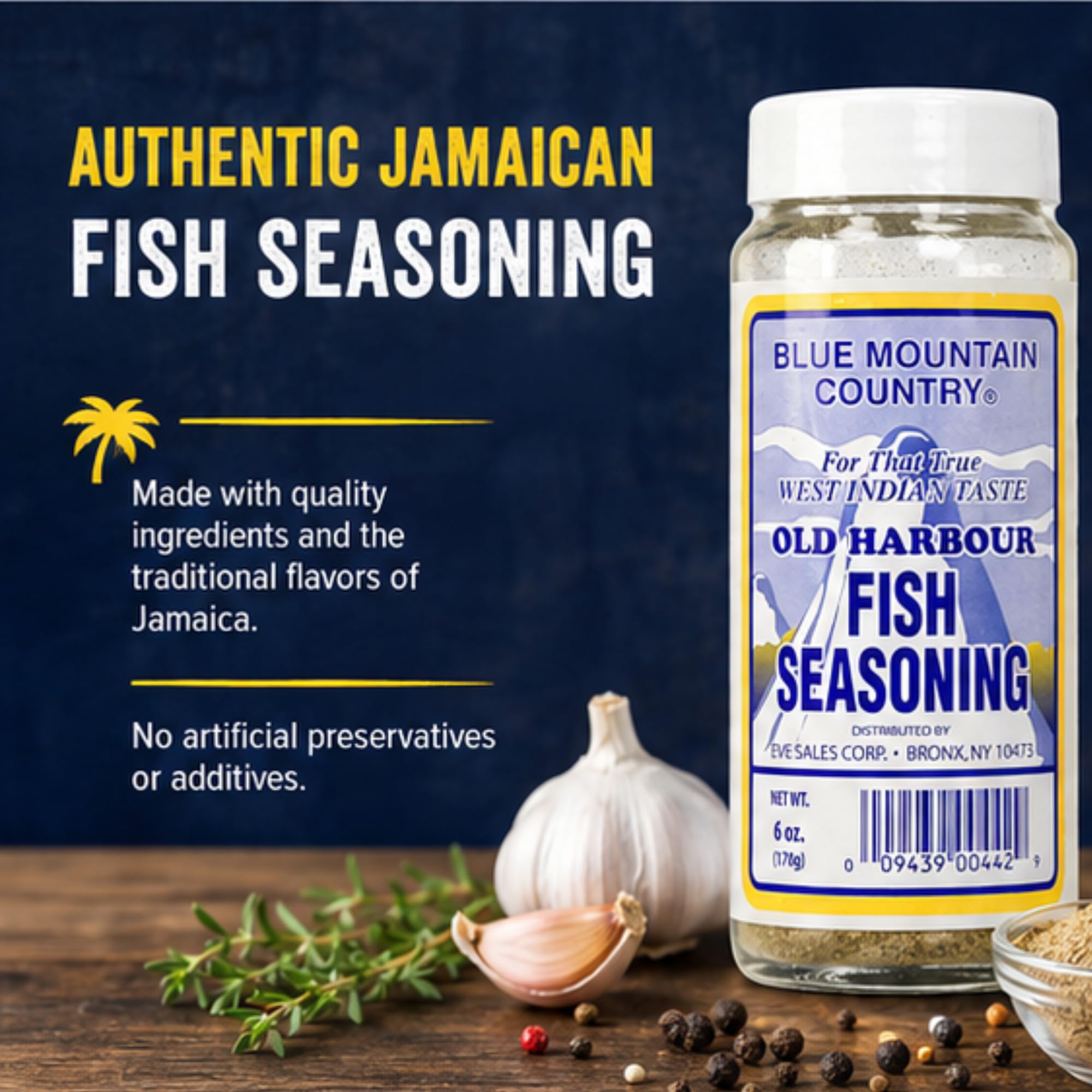 Blue Mountain Country Jamaican Fish Seasoning, 6 Oz - Authentic Caribbean Seafood Spice Blend for Fish, Shrimp, Salmon, Tilapia, Frying, Grilling