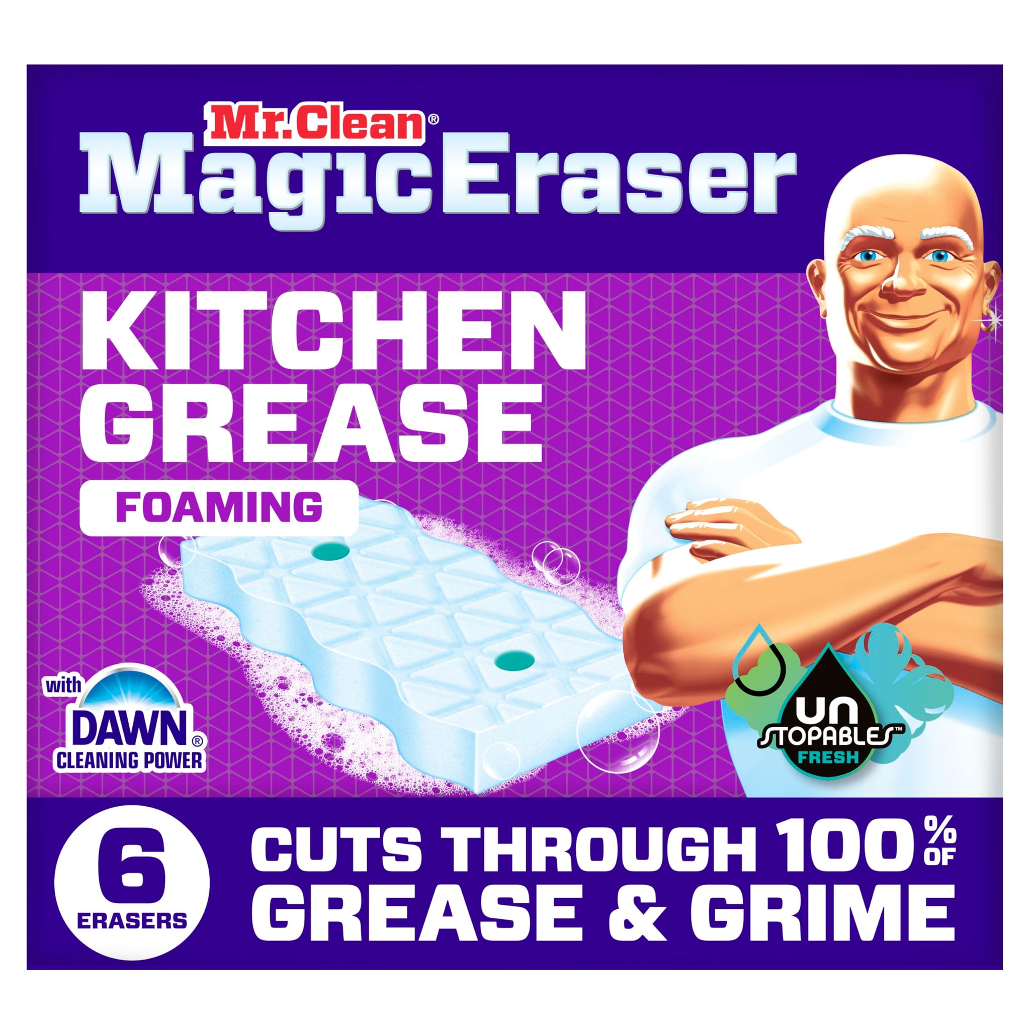 Mr. Clean Magic Eraser Foaming Sponge, Kitchen Grease Eraser, Dawn Cleaning Power, Oven Cleaner, Unstopables Fresh, 6ct