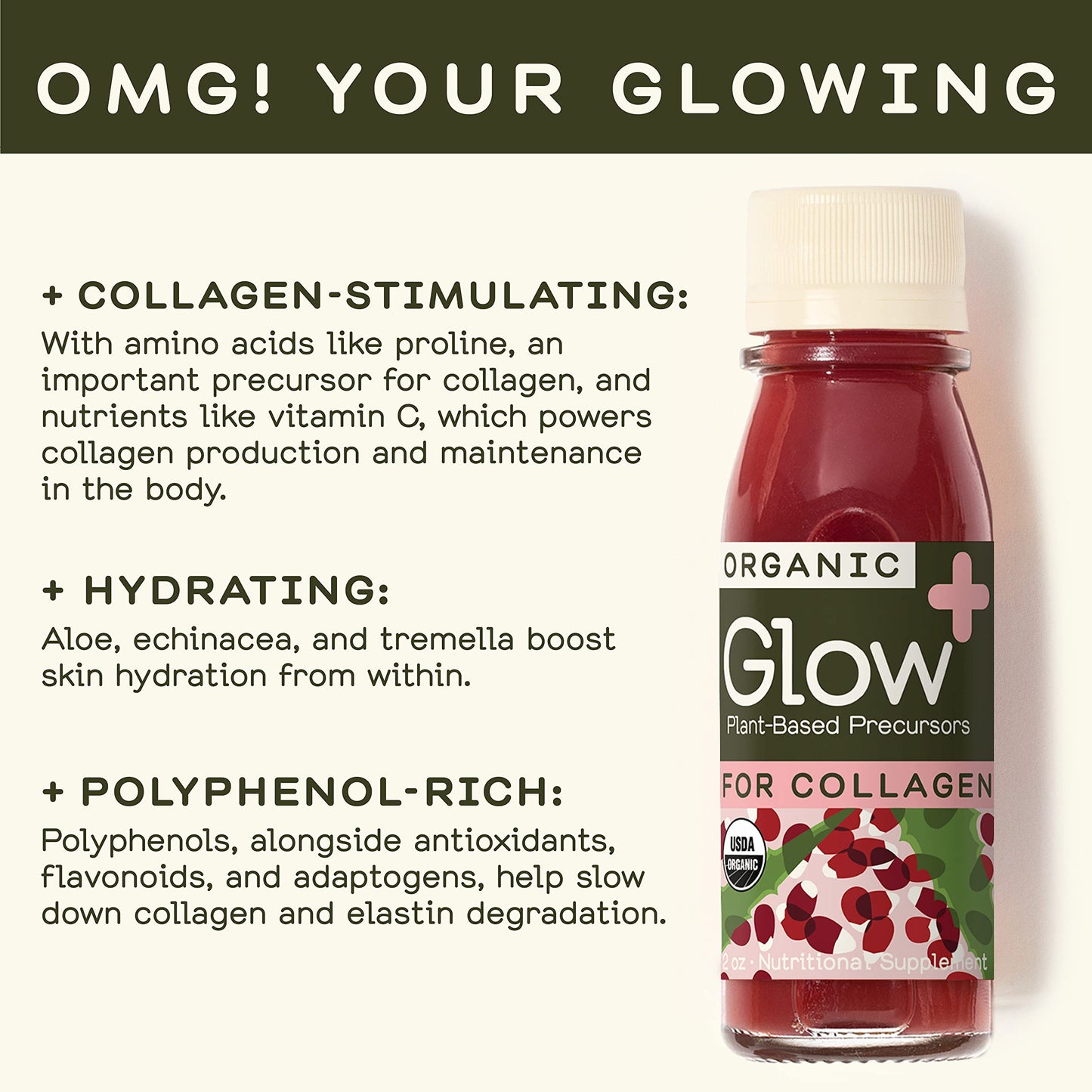 Greenhouse Juice Organic Glow Wellness Shots 12-Count 60ml Glass Bottles, Sweet + Tart Pomegranate + Apple Flavor, Vegan & Gluten-Free