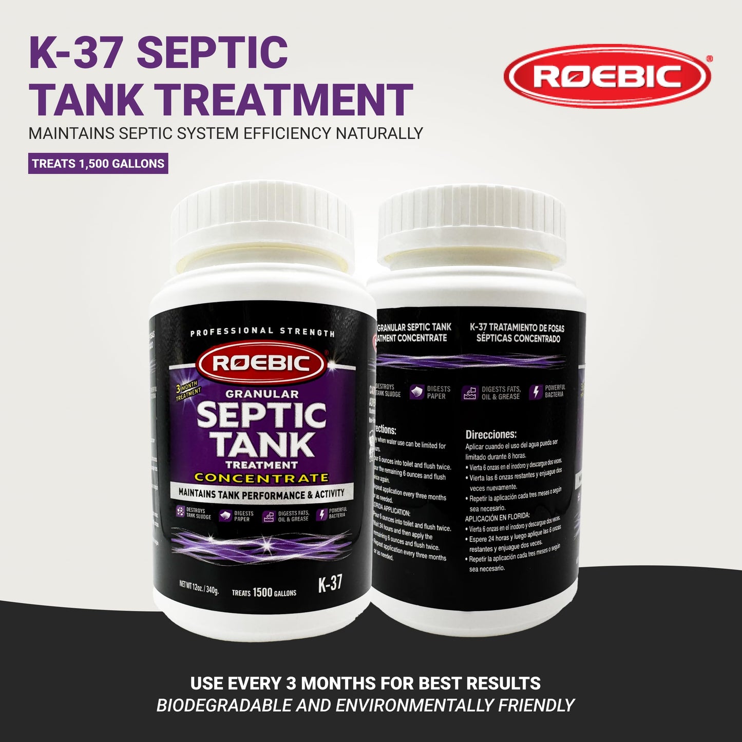 Roebic K-37 Granular Septic Tank Treatment, Bacterial Enzyme Formula for Clog Prevention, Odor Control, Safe for Bathroom, Toilet, Treats 1500