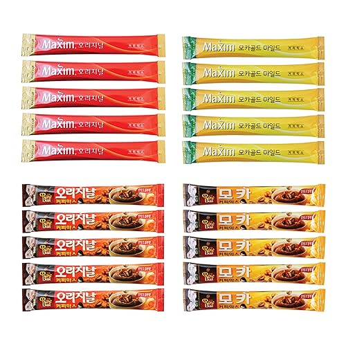 Korean Instant Coffee Variety Sample Pack, 20 Sticks (Maxim Mocha, Maxim Original, Rose Bud Mocha, Rose Bud Original)