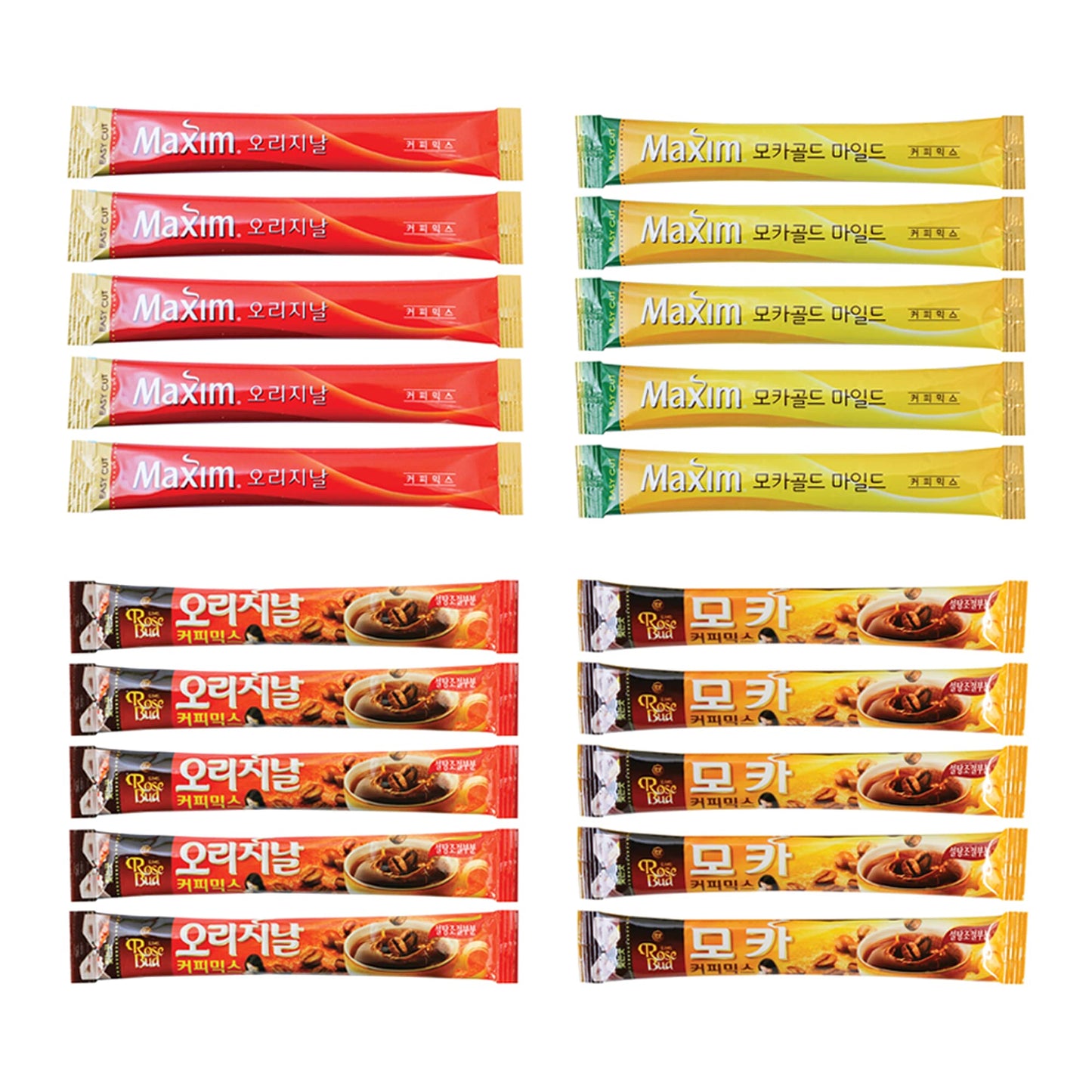 Korean Instant Coffee Variety Sample Pack, 20 Sticks (Maxim Mocha, Maxim Original, Rose Bud Mocha, Rose Bud Original)