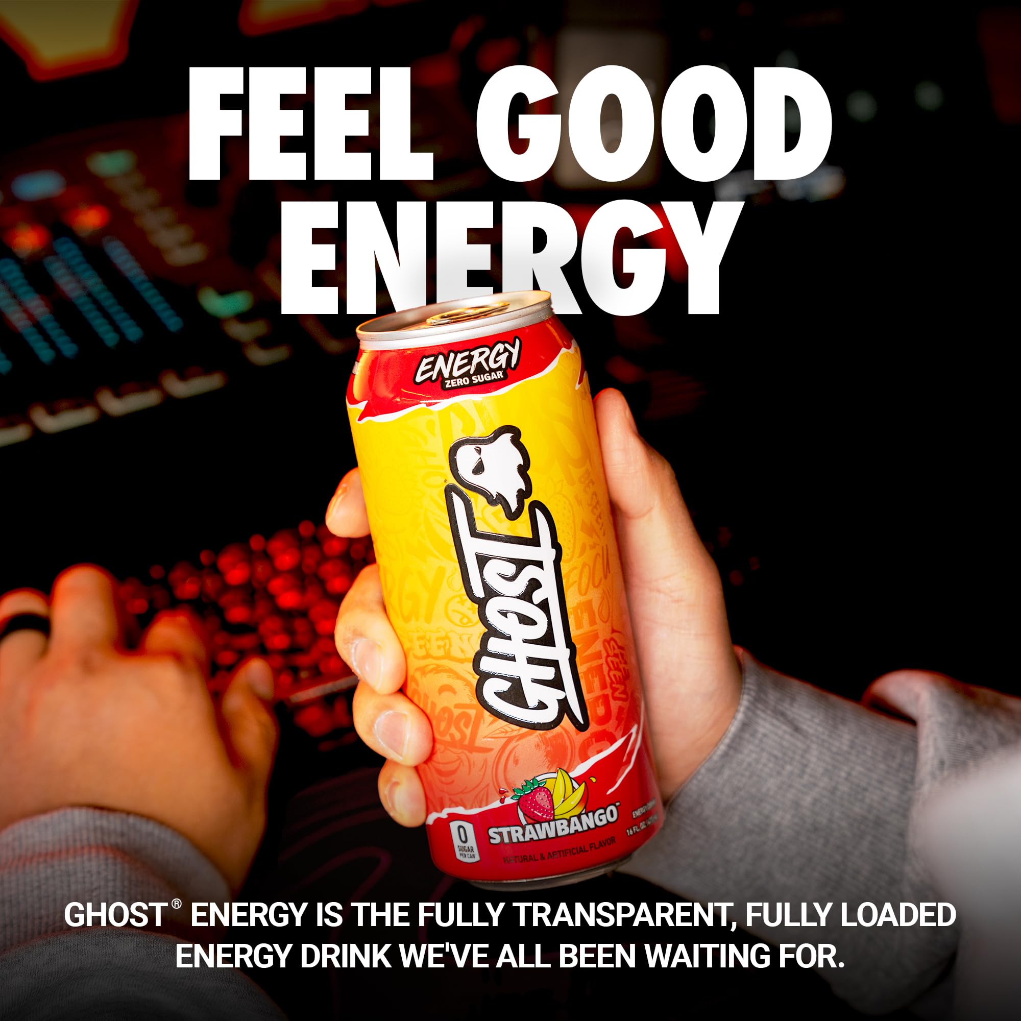 GHOST Energy Drink - 12-Pack, Strawbango, 16oz - Energy & Focus & No Artificial Colors - 200mg of Natural Caffeine, L-Carnitine & Taurine