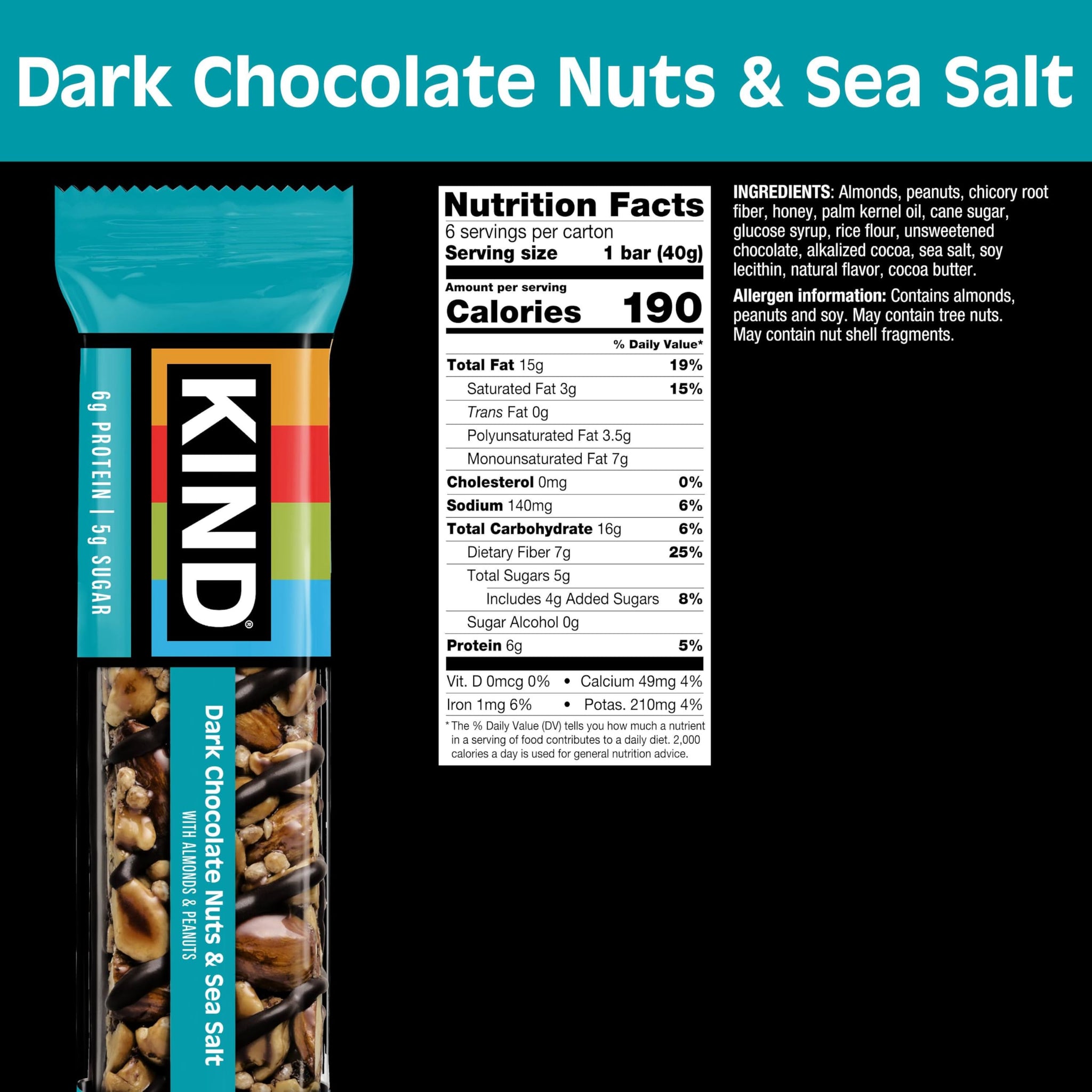 KIND Healthy Snacks Bars, Dark Chocolate Nuts & Sea Salt, Gluten Free, Low Sugar, High Fiber Snacks, 6g Protein, 6 Count