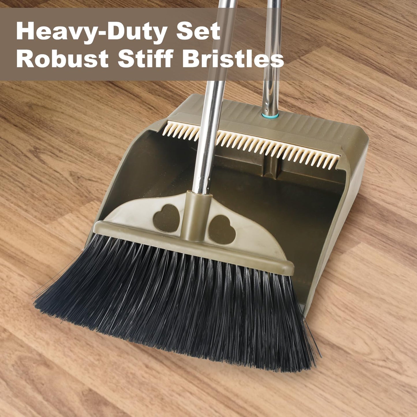 Upgrade Broom with Dustpan Combo Set,48'' Long Handle Stiff Broom Bristles with Heavy Duty Dust Pan,Indoor Outdoor Easy Sweeping for Kitchen Lobby
