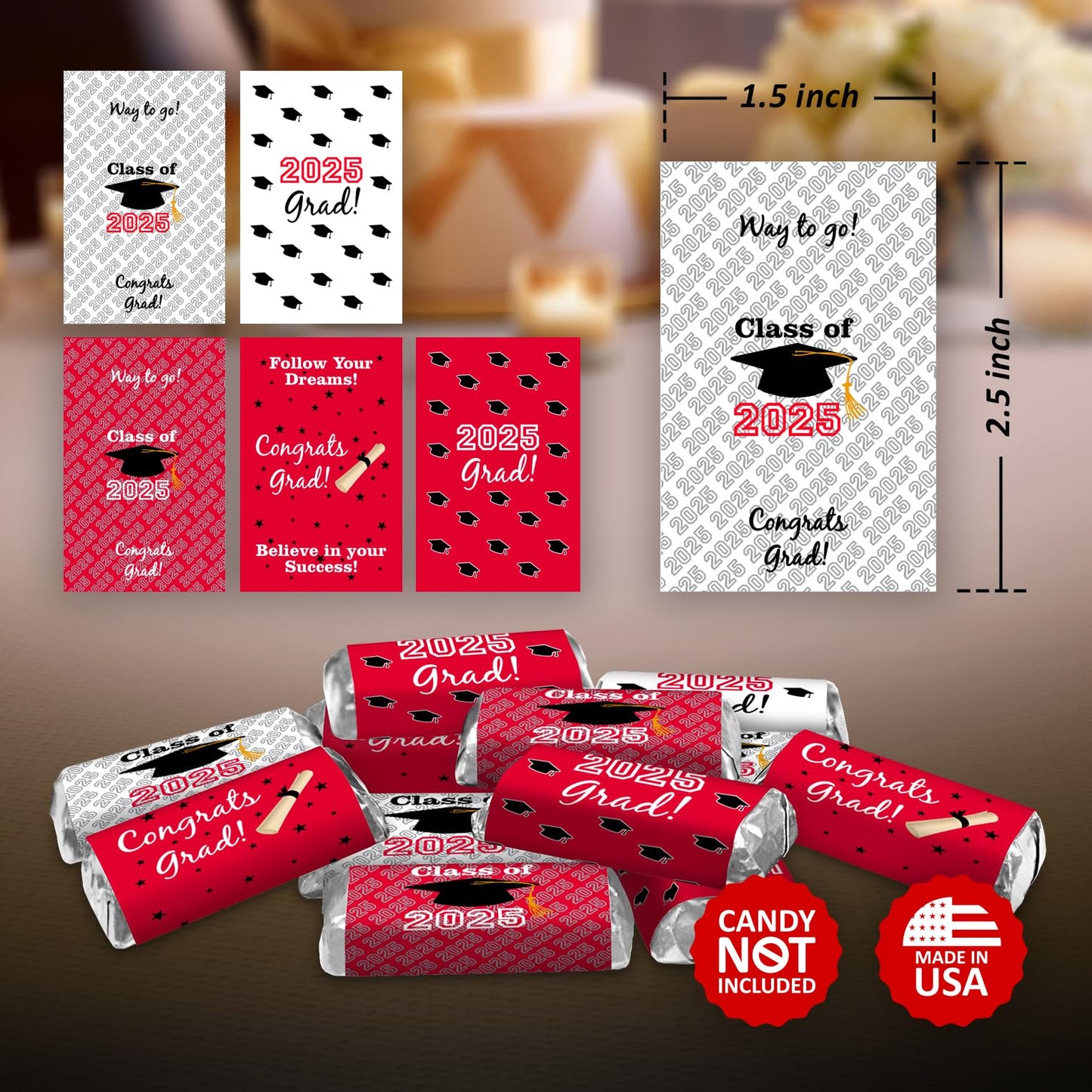 60 New Graduation Cap Party Class of 2026 Miniatures Candy Bar Wrapper, Mini Candy Chocolate Bar Stickers, Labels, Candy Not Included, Color Red. Made