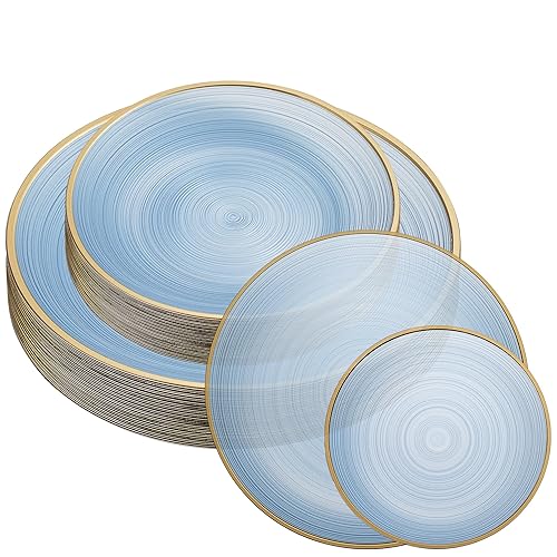 PLASTICPRO 32 Pieces Crystal Design Plastic Plates Combo Pack 7 inch and 10 inch Gold Rim Elegant Disposable Plates, Transparent Blue