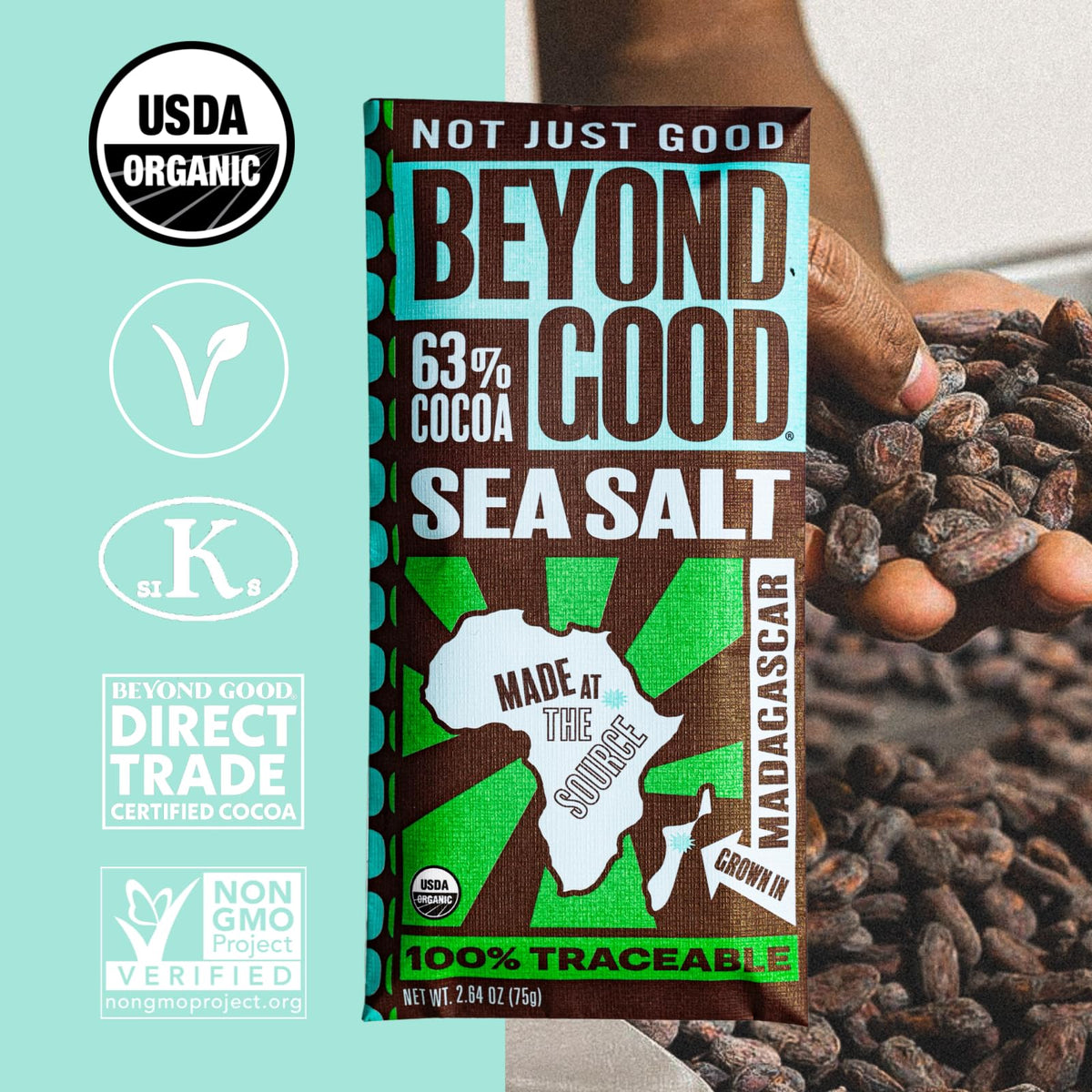 Beyond Good 63% Cocoa Dark Chocolate with Sea Salt | 6 Pack - Chocolate Bars | Organic, Direct Trade, Vegan, Kosher, Non-GMO | Single Origin Heirloom