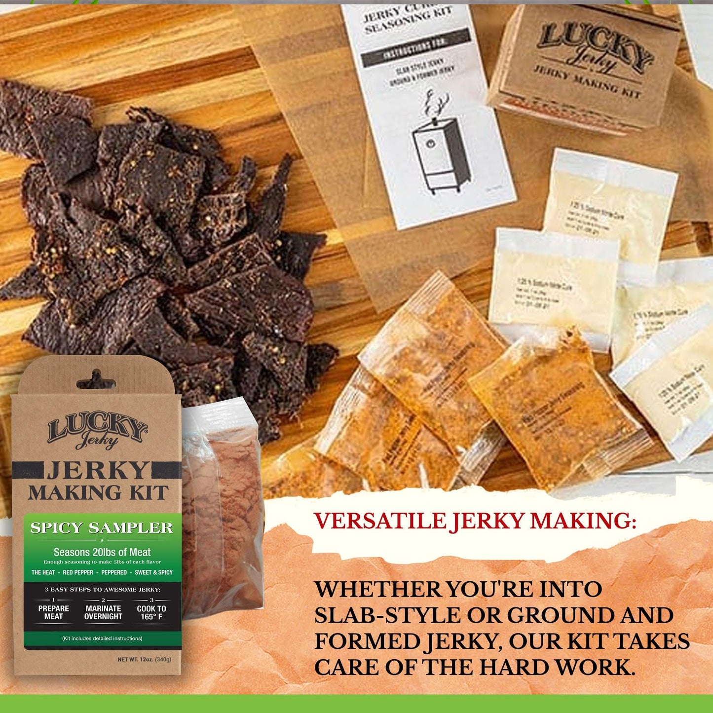 Lucky Jerky Ultimate Spicy DIY Jerky Seasoning Kit - 12oz - The Heat, Red Pepper, Black Pepper and Sweet & Spicy