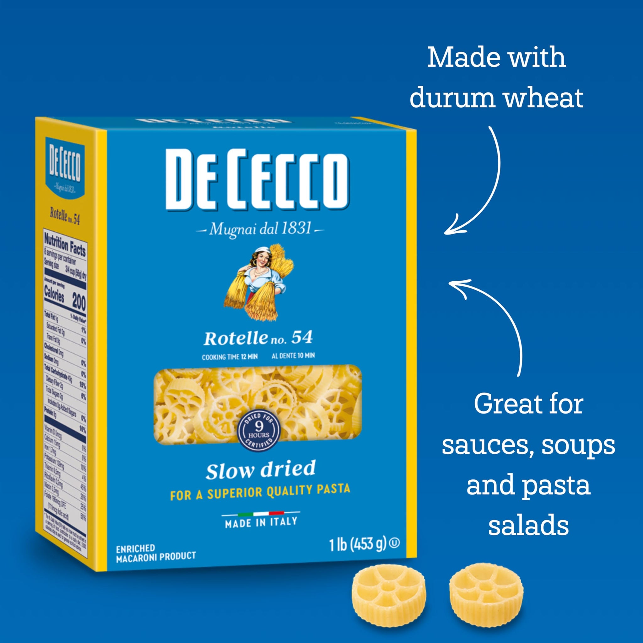 De Cecco Rotelle No. 54 Pasta, 16 Oz (Pack of 12), Authentic, Slow Dried, Made with Durum Wheat, Versatile Pasta for Sauces & Recipes, Made in Italy